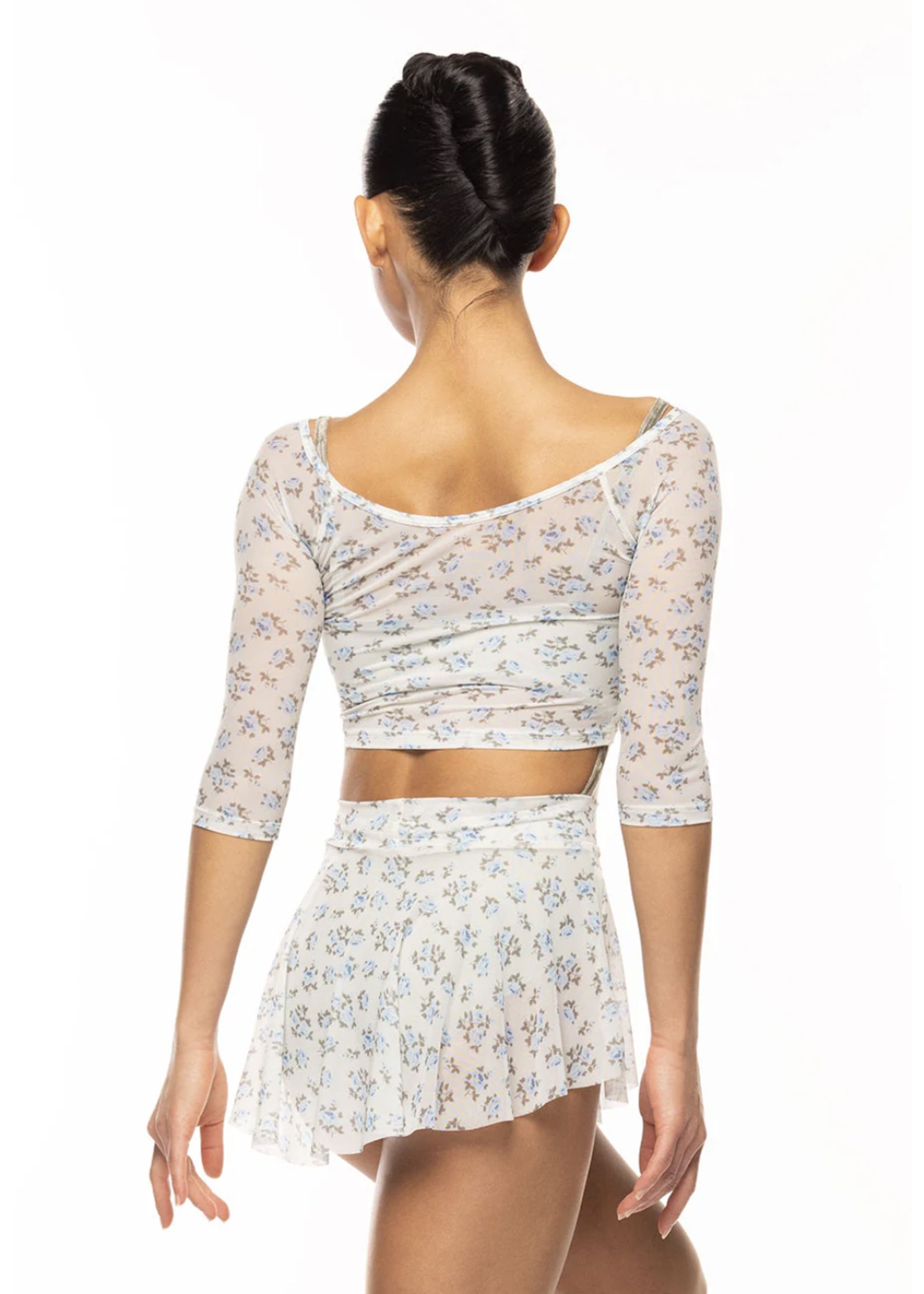 ELEVÉ RAGLAN 3/4 SLEEVE FLORAL MESH CROP TOP