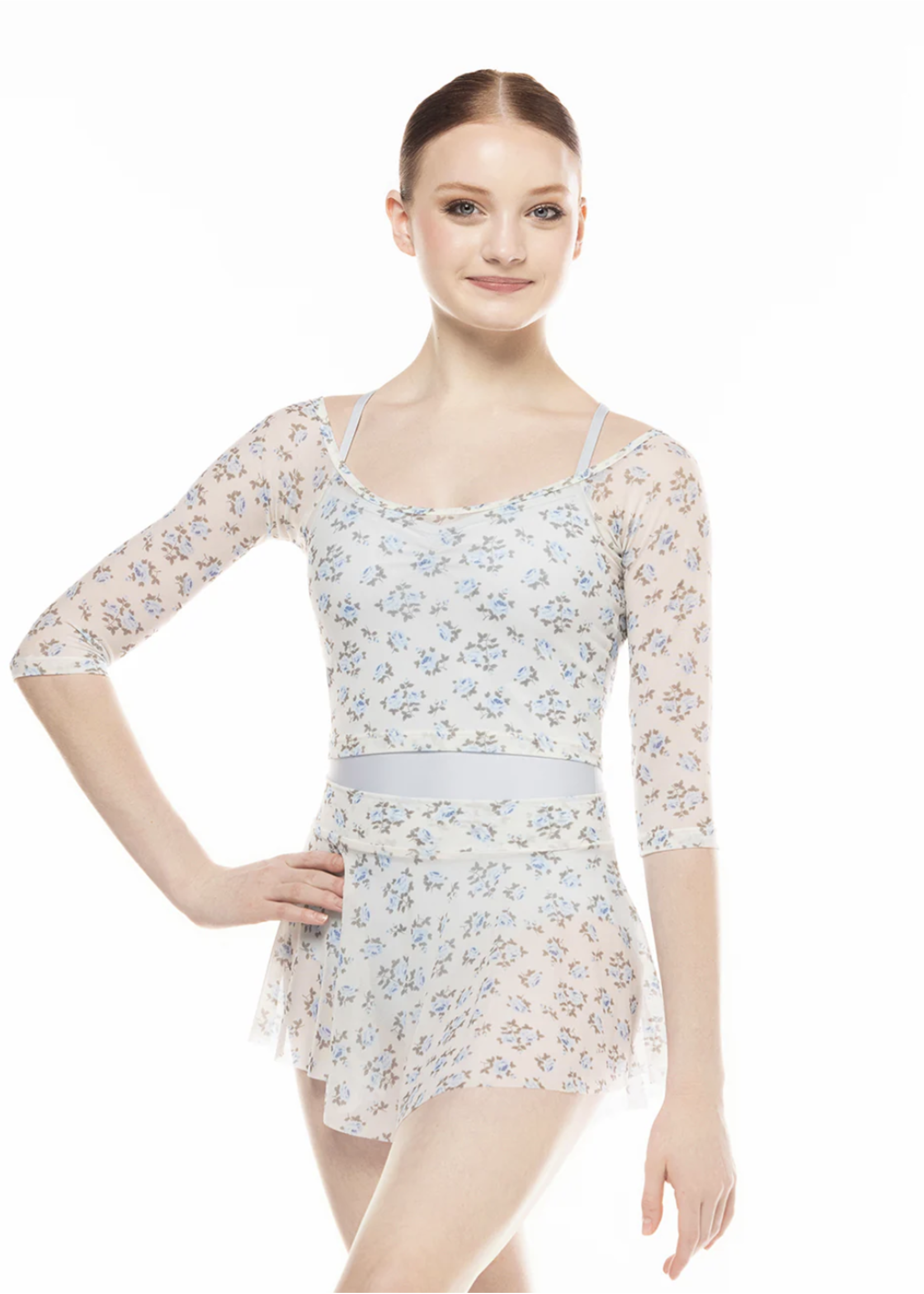 ELEVÉ RAGLAN 3/4 SLEEVE FLORAL MESH CROP TOP