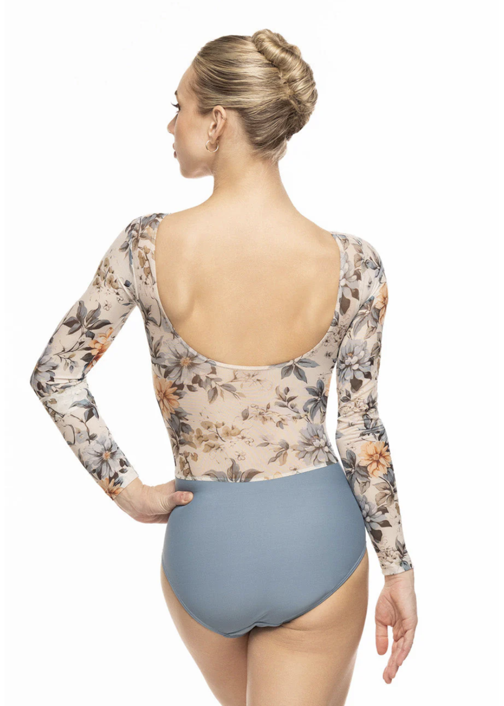 ELEVÉ TRI FLORAL PRINTED MESH MID BACK L/S LEOTARD