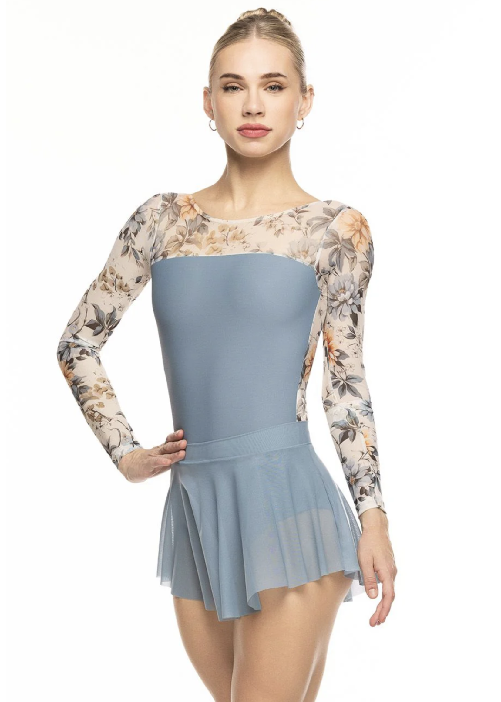 ELEVÉ TRI FLORAL PRINTED MESH MID BACK L/S LEOTARD