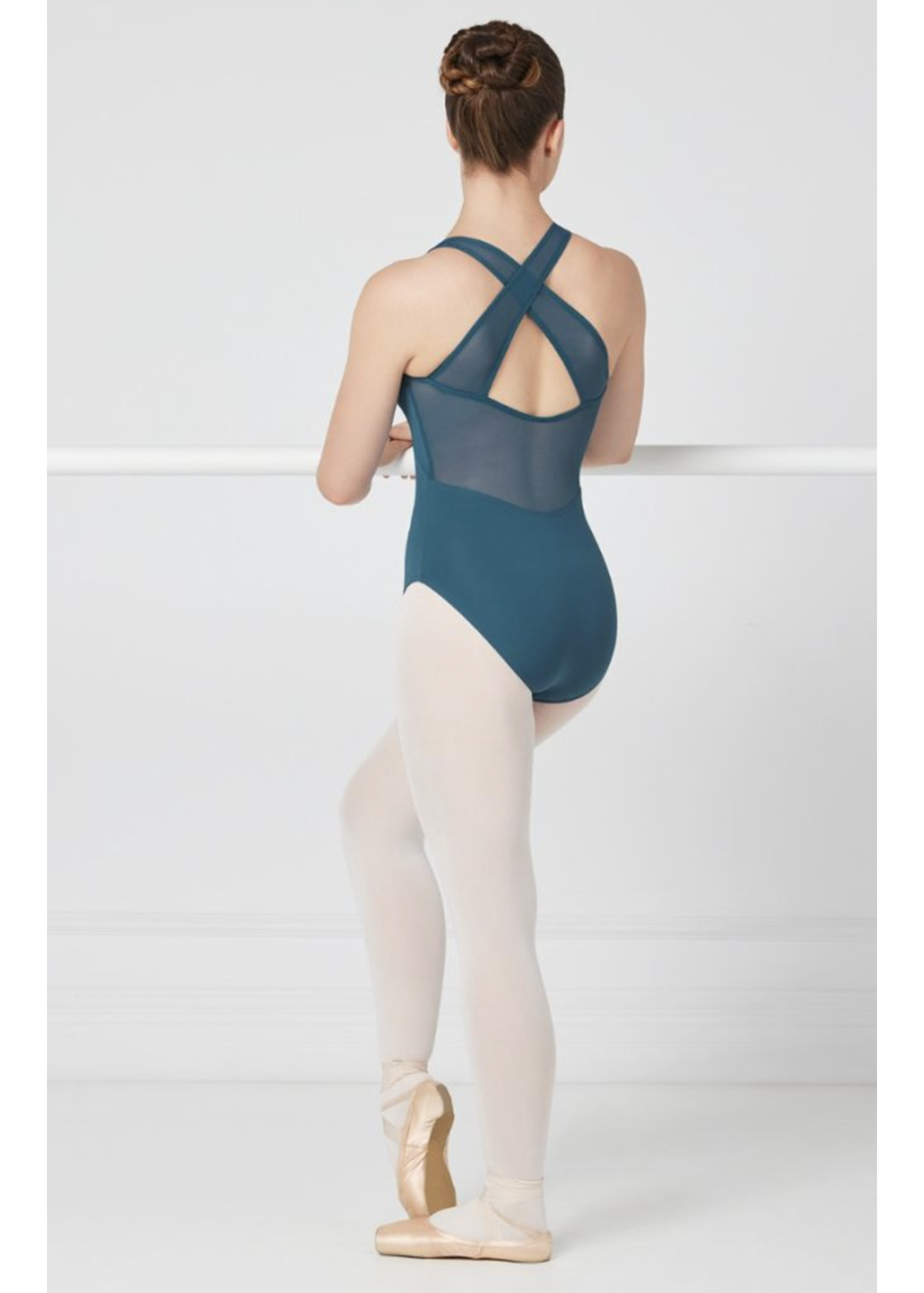 MONDOR 1708 PINCHED FRONT CROSSED BACK MESH TANK LEOTARD