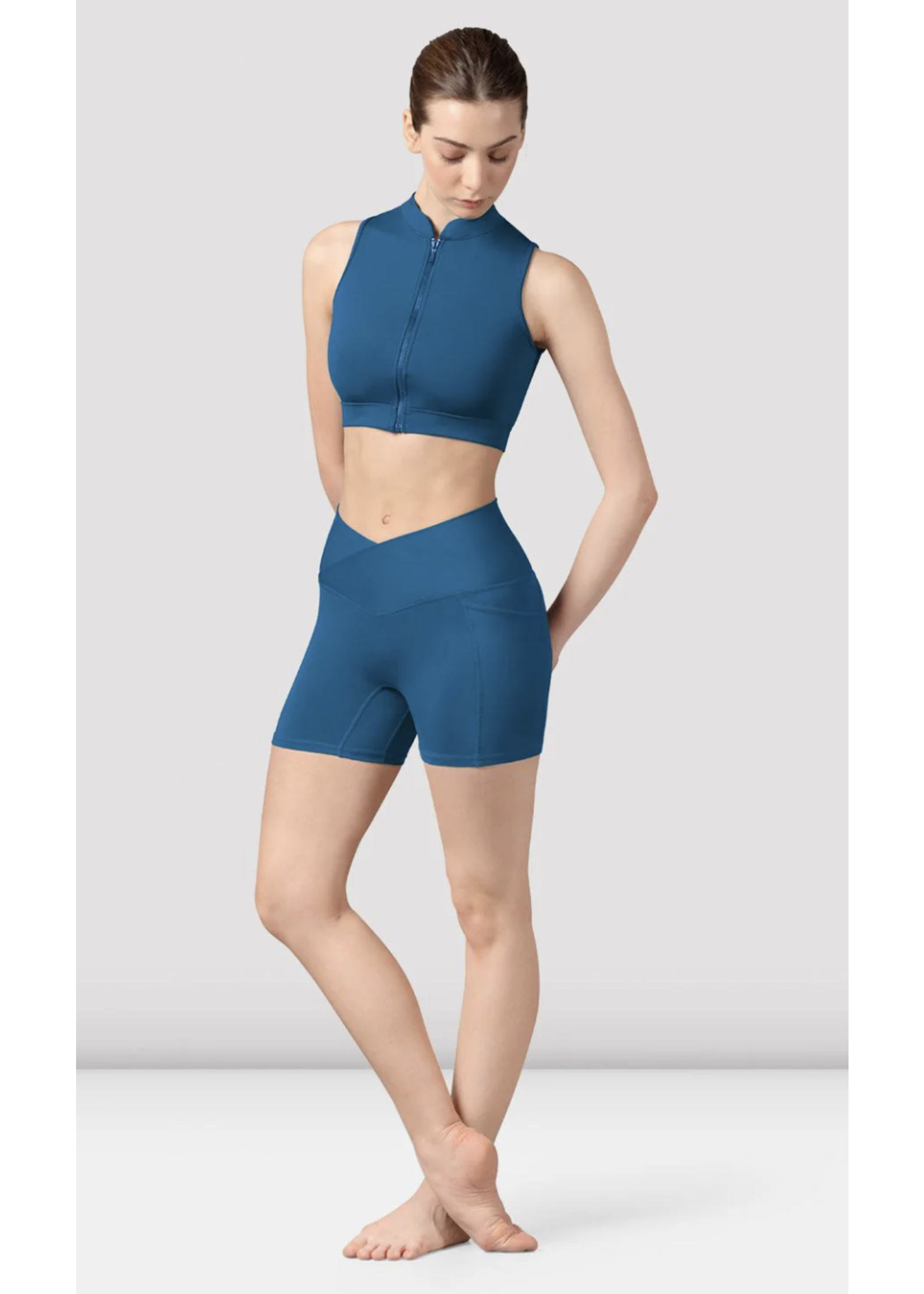 BLOCH & MIRELLA Z8455 ALIX MOCK NECKLINE ZIPPER FRONT WEAVE DETAIL BACK CROP TOP