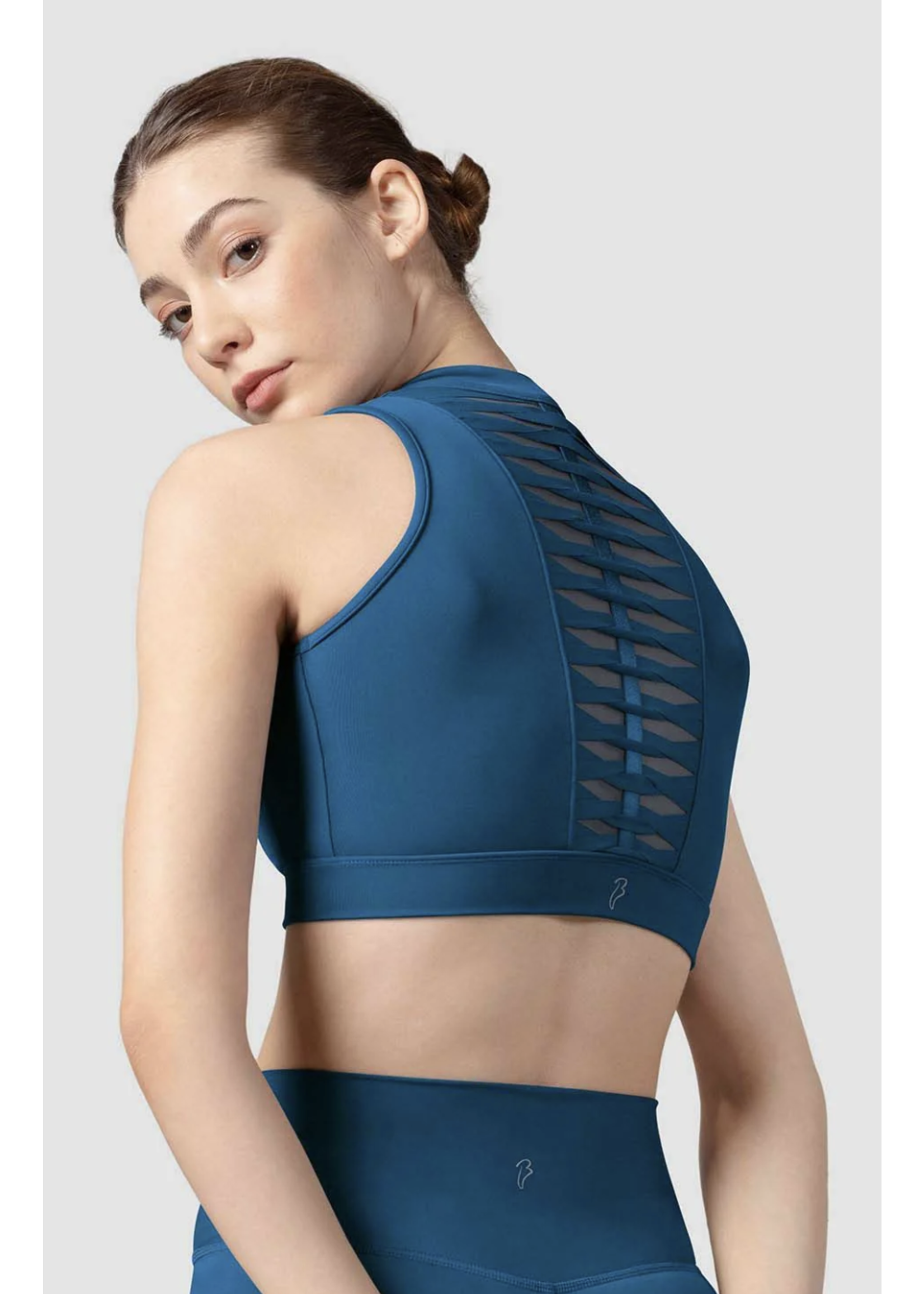 BLOCH & MIRELLA Z8455 ALIX MOCK NECKLINE ZIPPER FRONT WEAVE DETAIL BACK CROP TOP
