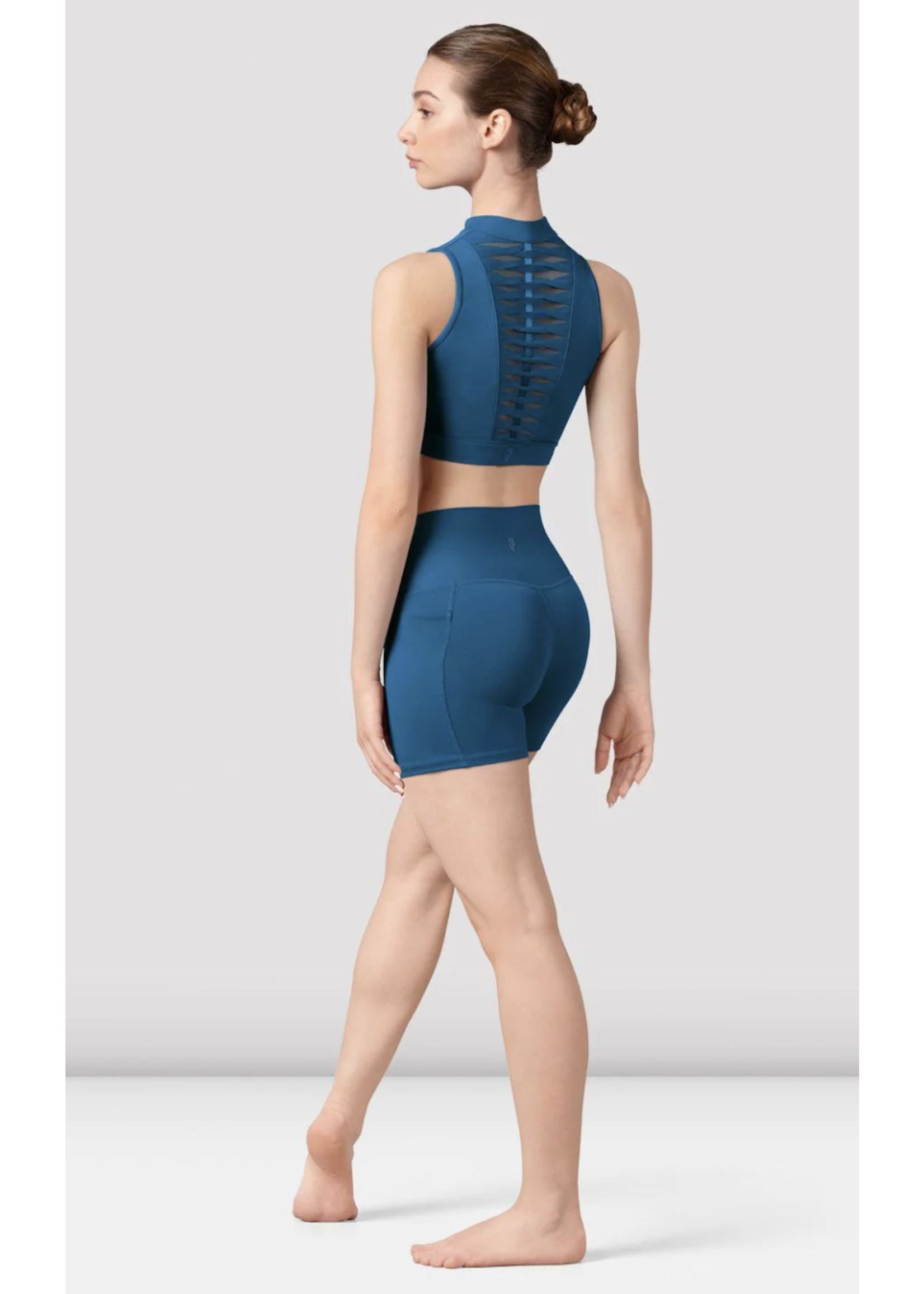 BLOCH & MIRELLA Z8455 ALIX MOCK NECKLINE ZIPPER FRONT WEAVE DETAIL BACK CROP TOP