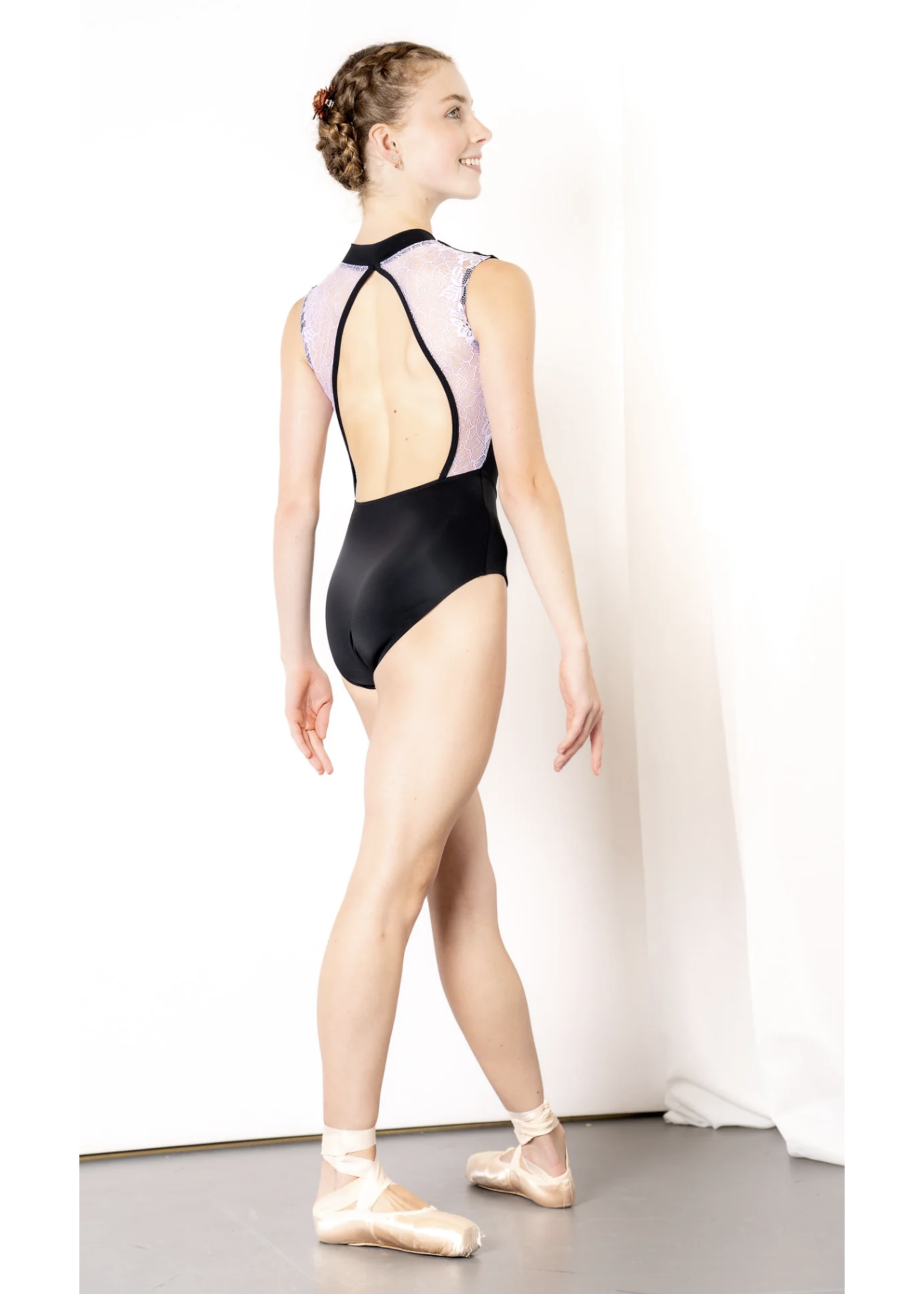DANSE DE PARIS L0041 YVONNE ZIP FRONT HIGH NECK ELONGATED KEYHOLE LACE BACK TANK LEOTARD