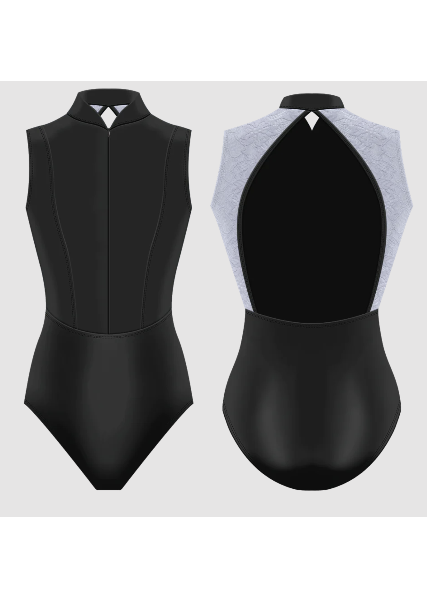 DANSE DE PARIS L0041 YVONNE ZIP FRONT HIGH NECK ELONGATED KEYHOLE LACE BACK TANK LEOTARD