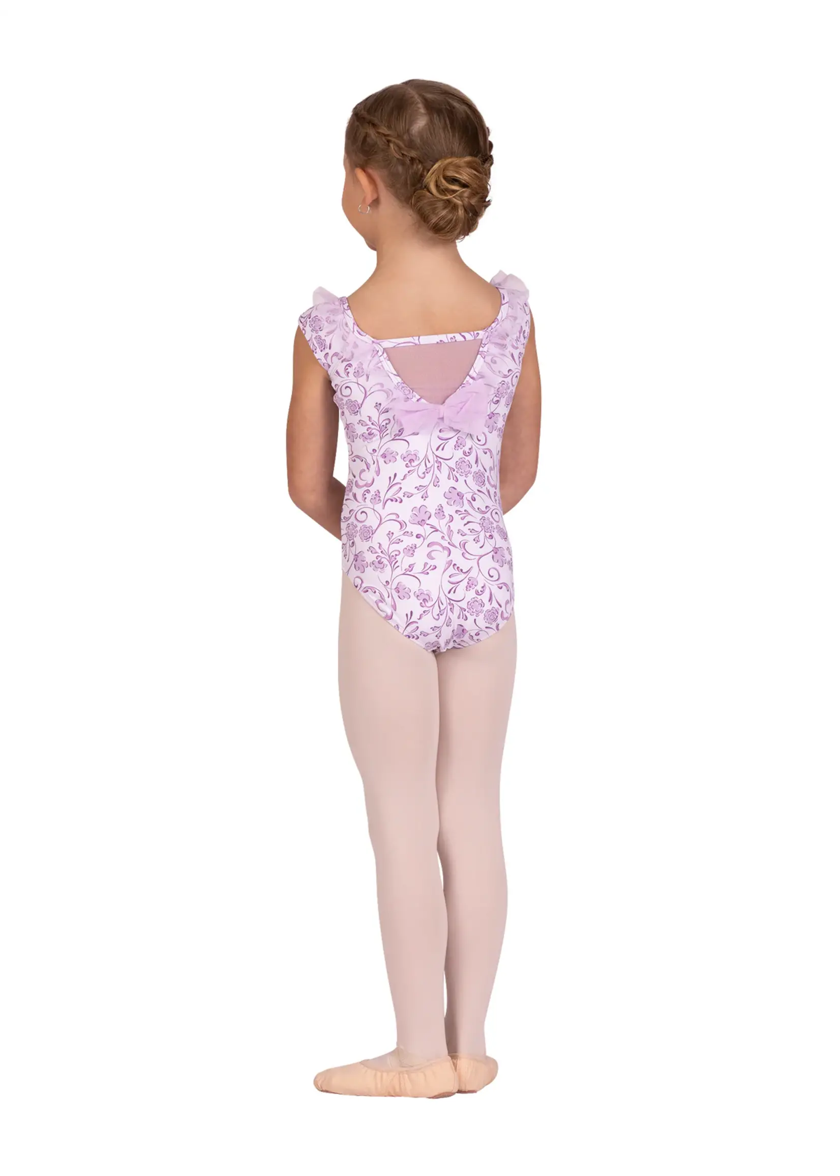 DANSHUZ 25110C EMORY FLORAL STEM RUFFLE TRIMMED BOW BACK CAP SLEEVE LEOTARD