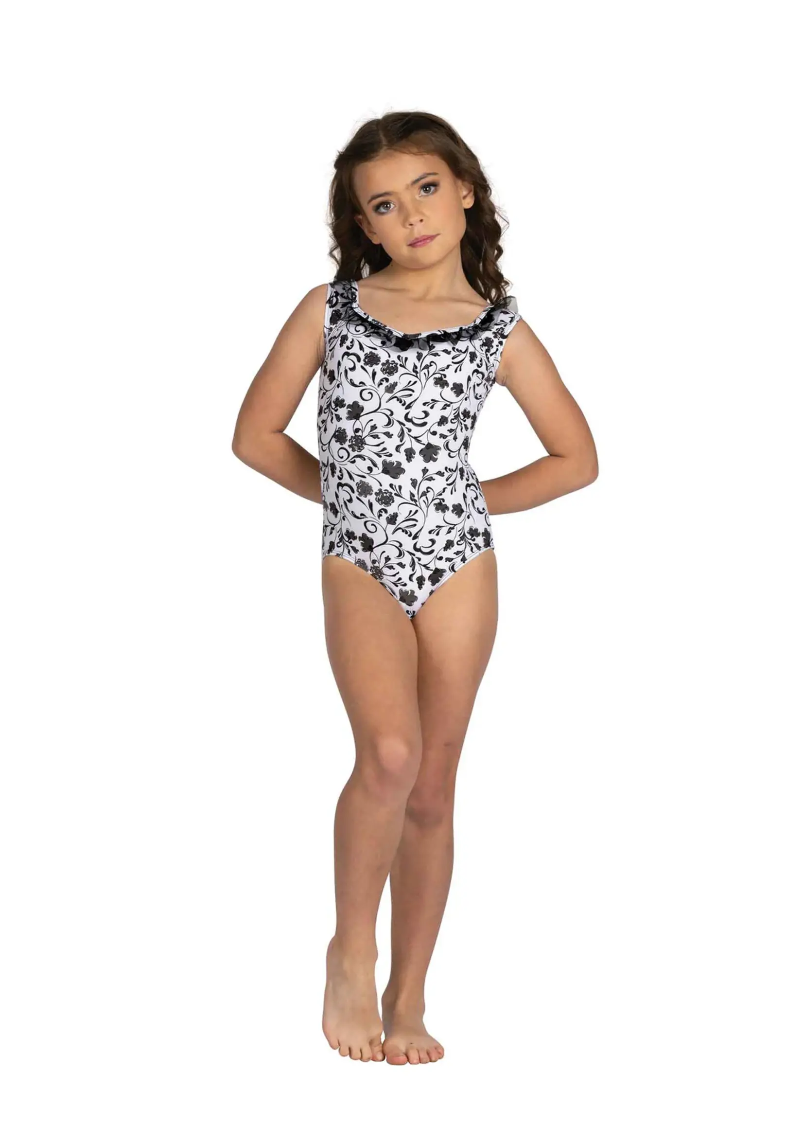 DANSHUZ 25110C EMORY FLORAL STEM RUFFLE TRIMMED BOW BACK CAP SLEEVE LEOTARD