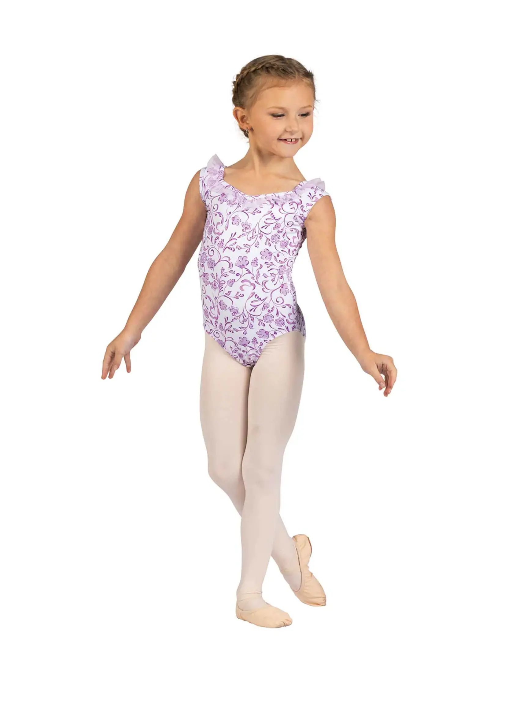 DANSHUZ 25110C EMORY FLORAL STEM RUFFLE TRIMMED BOW BACK CAP SLEEVE LEOTARD