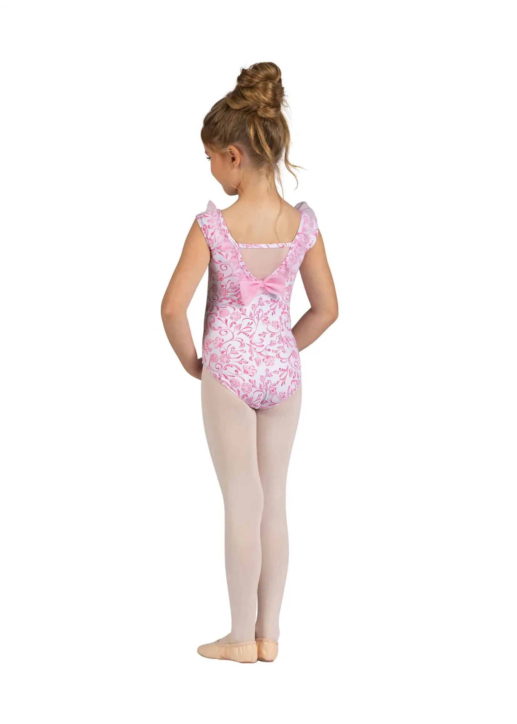 DANSHUZ 25110C EMORY FLORAL STEM RUFFLE TRIMMED BOW BACK CAP SLEEVE LEOTARD
