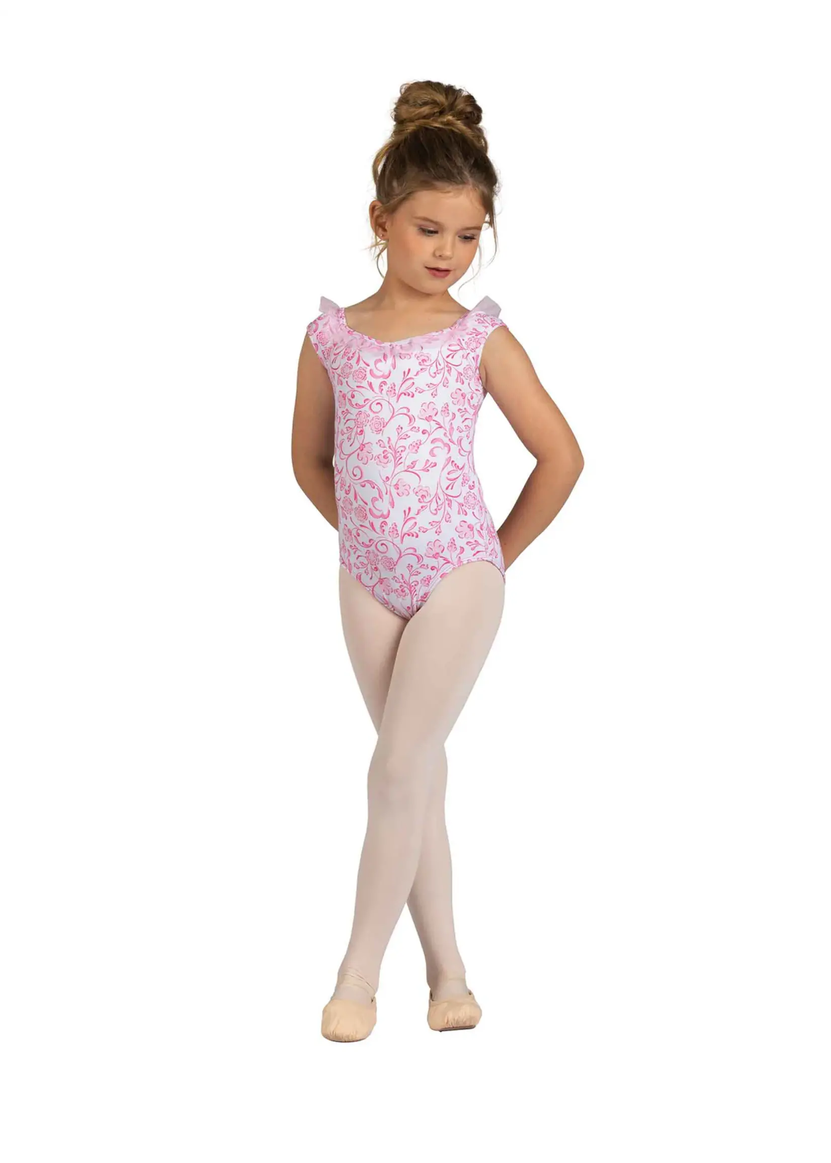 DANSHUZ 25110C EMORY FLORAL STEM RUFFLE TRIMMED BOW BACK CAP SLEEVE LEOTARD
