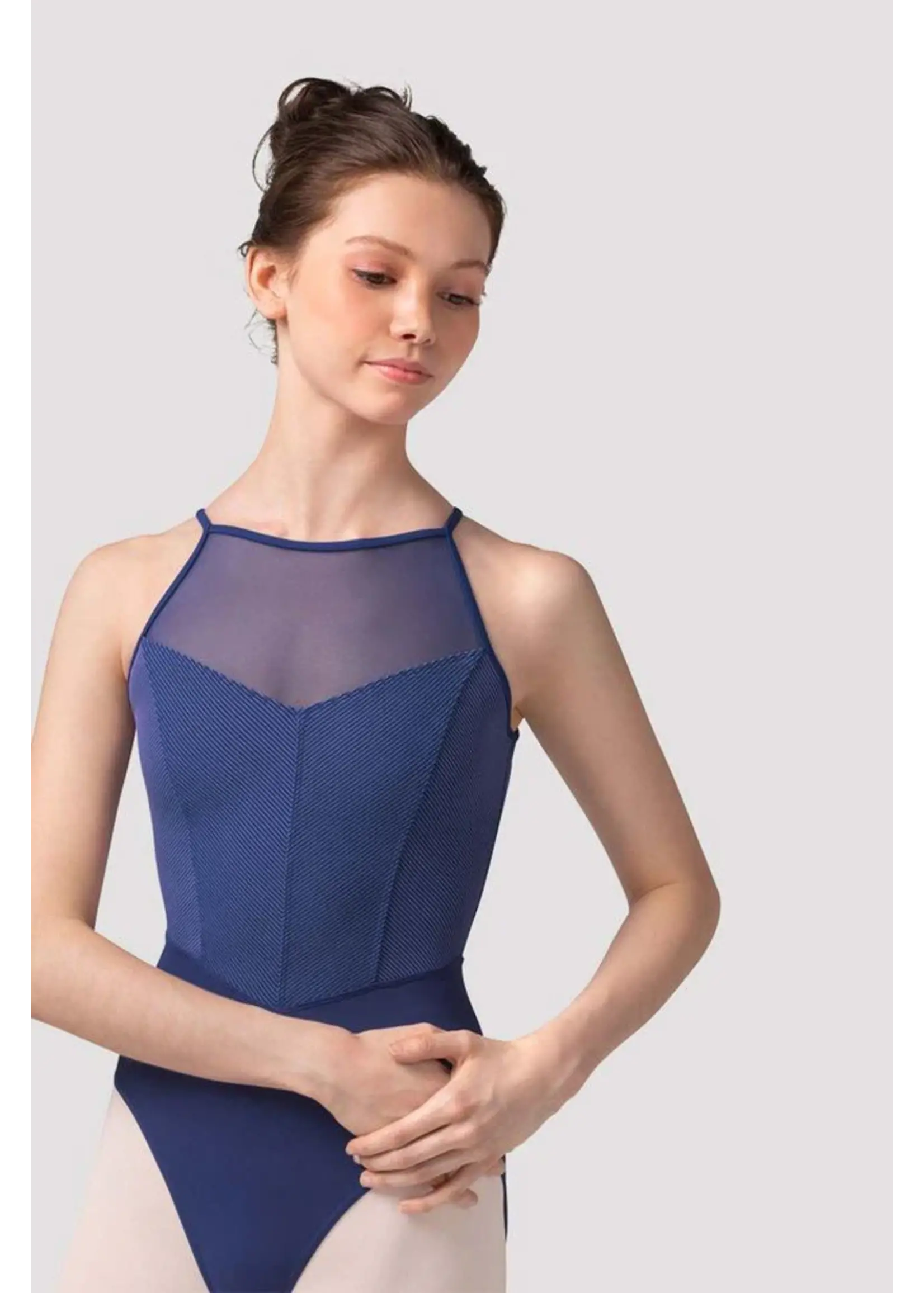 BLOCH & MIRELLA M40001LM MESH HALTER LEOTARD WITH STRIPED BODICE