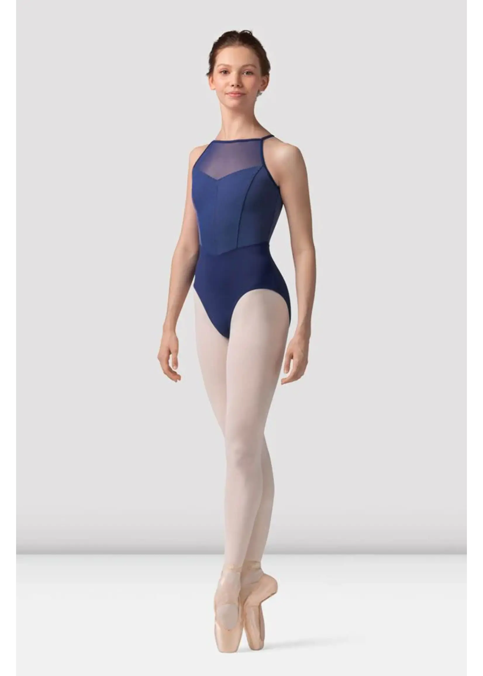 BLOCH & MIRELLA M40001LM MESH HALTER LEOTARD WITH STRIPED BODICE