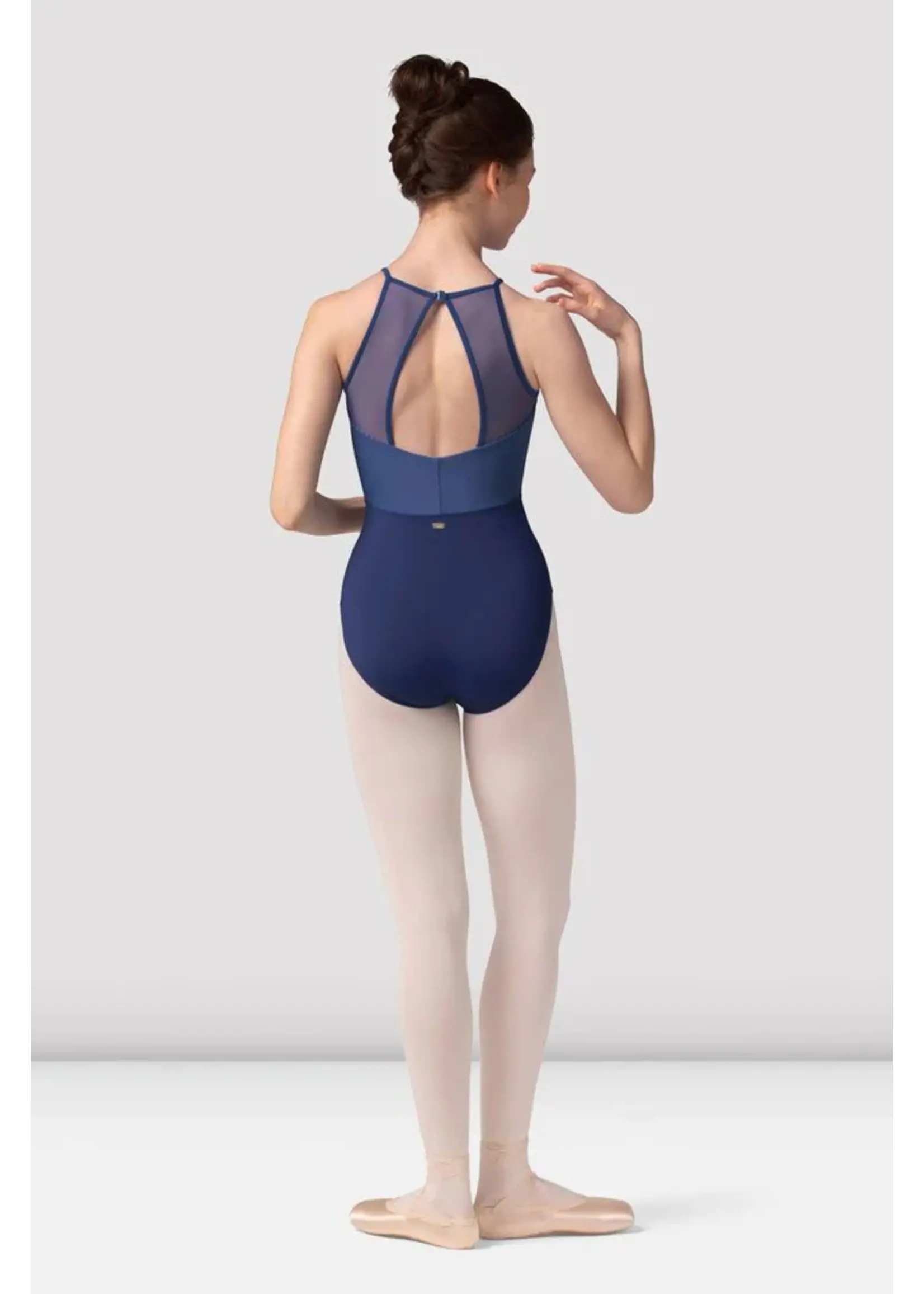 BLOCH & MIRELLA M40001LM MESH HALTER LEOTARD WITH STRIPED BODICE