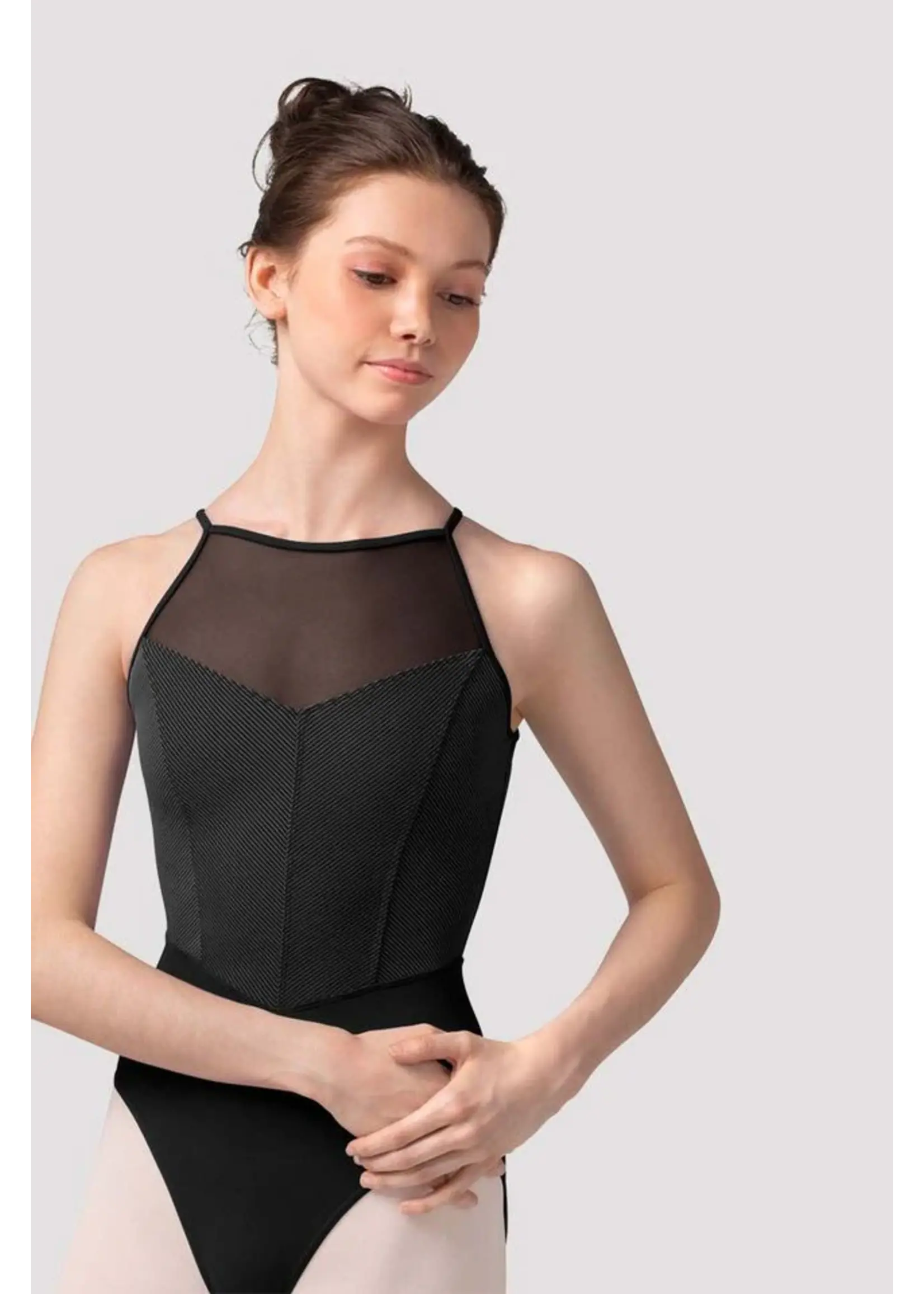BLOCH & MIRELLA M40001LM MESH HALTER LEOTARD WITH STRIPED BODICE