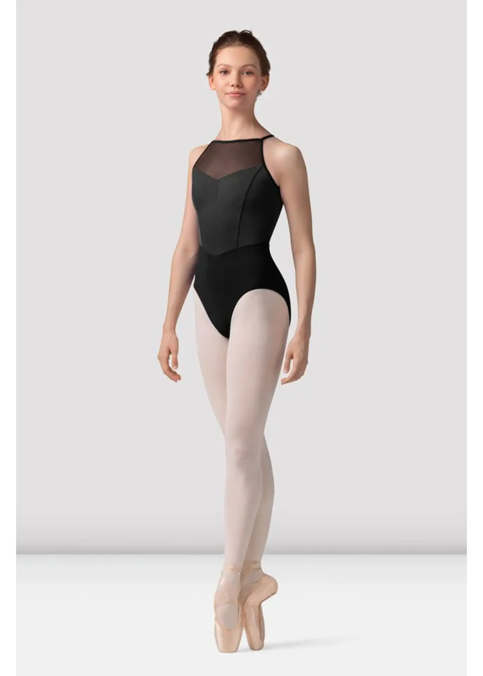 BLOCH & MIRELLA M40001LM MESH HALTER LEOTARD WITH STRIPED BODICE