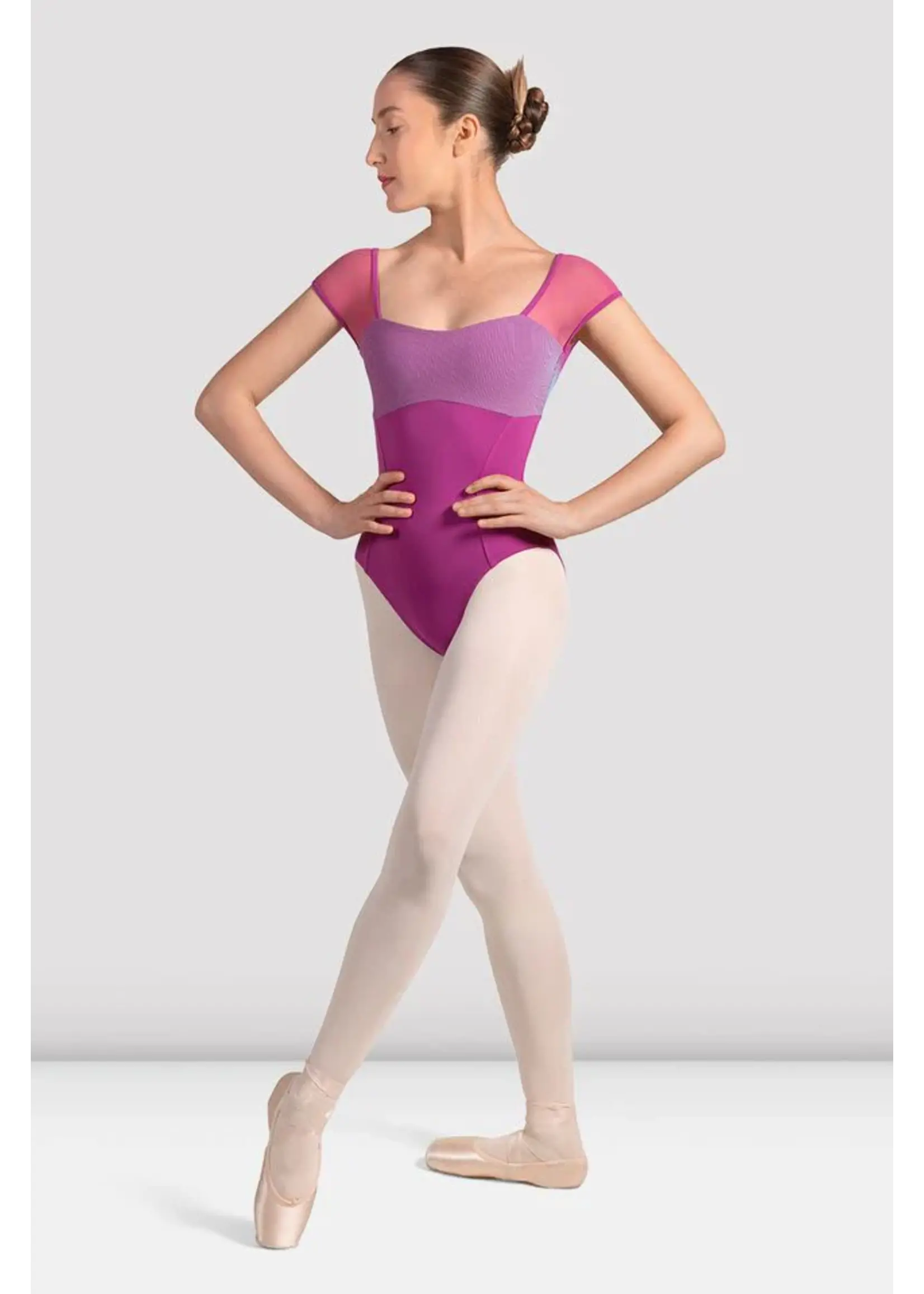 BLOCH & MIRELLA M20001LM CAP SLEEVE MESH PANEL LEOTARD WITH CURVED BUST AND OPEN BACK