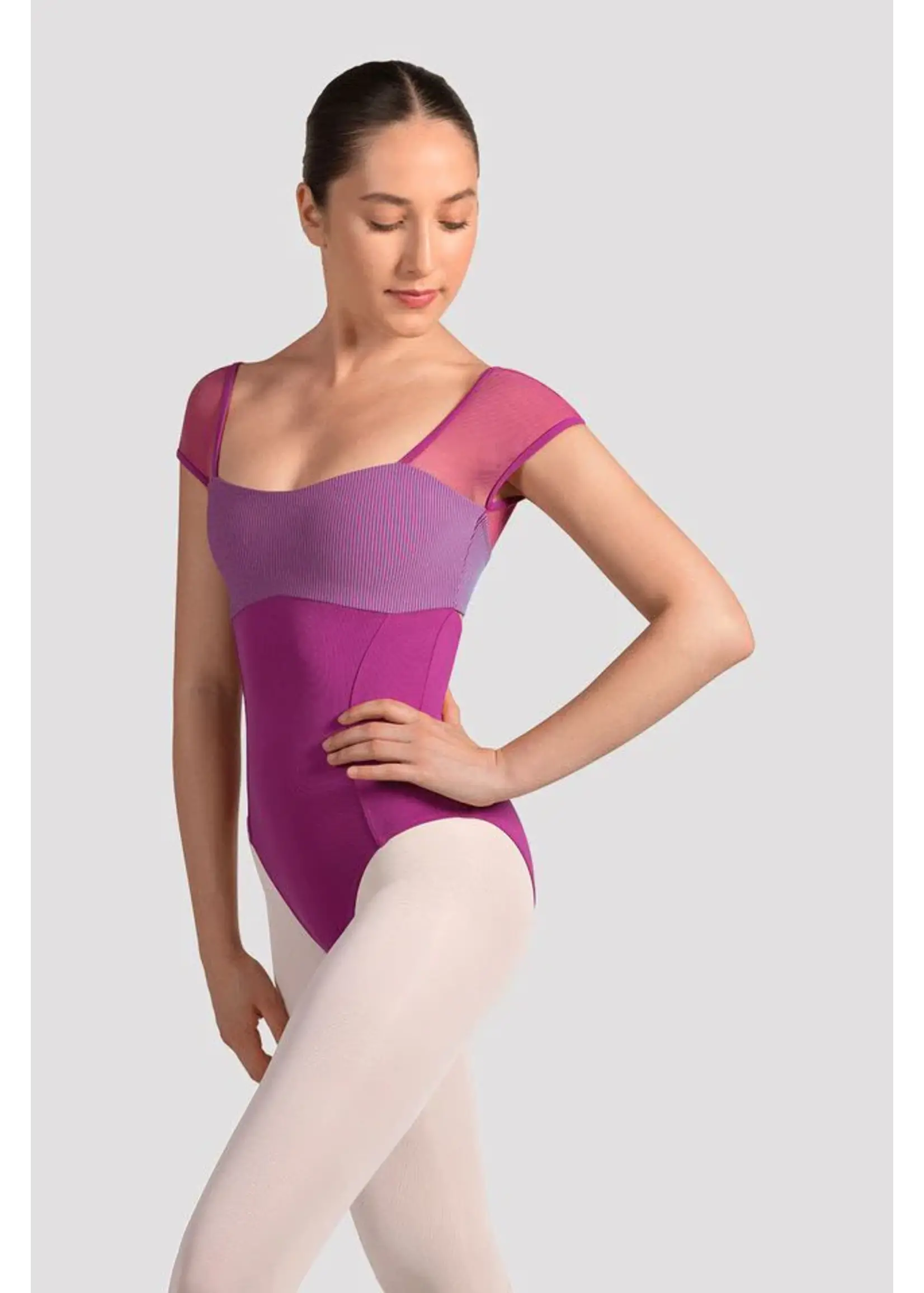 BLOCH & MIRELLA M20001LM CAP SLEEVE MESH PANEL LEOTARD WITH CURVED BUST AND OPEN BACK