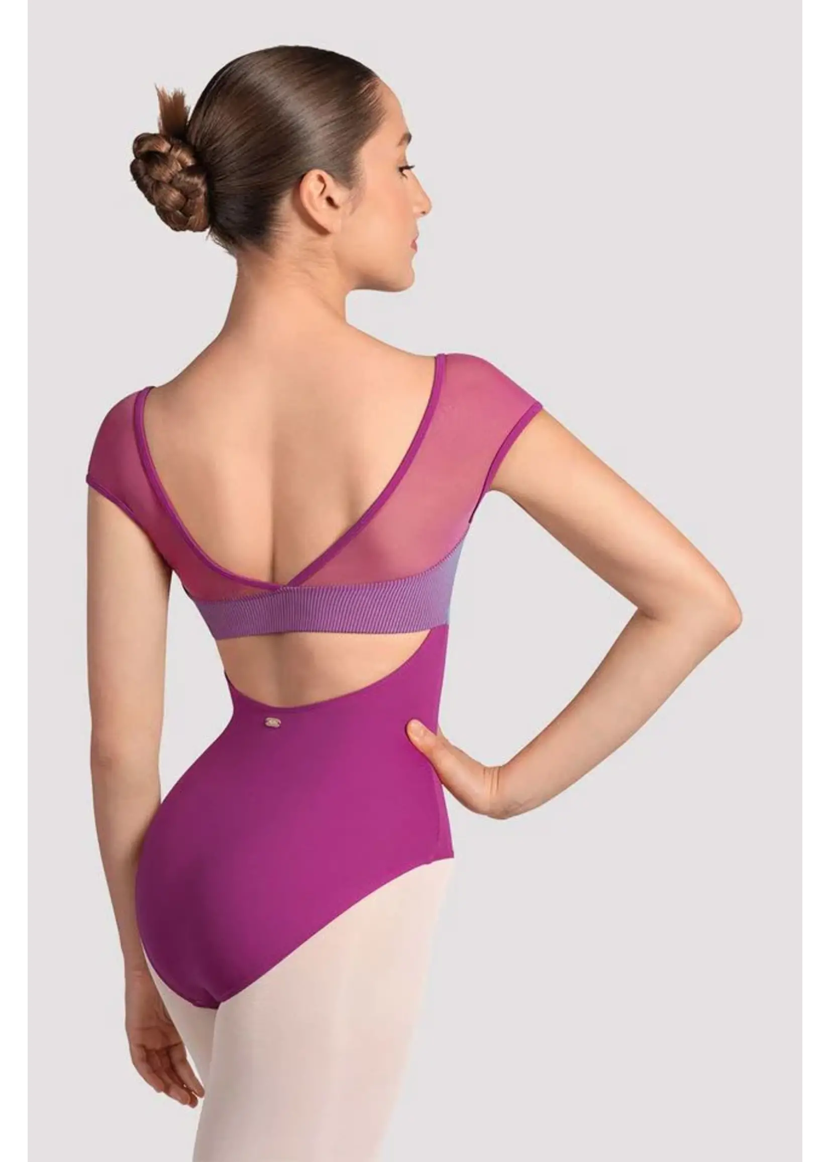 BLOCH & MIRELLA M20001LM CAP SLEEVE MESH PANEL LEOTARD WITH CURVED BUST AND OPEN BACK