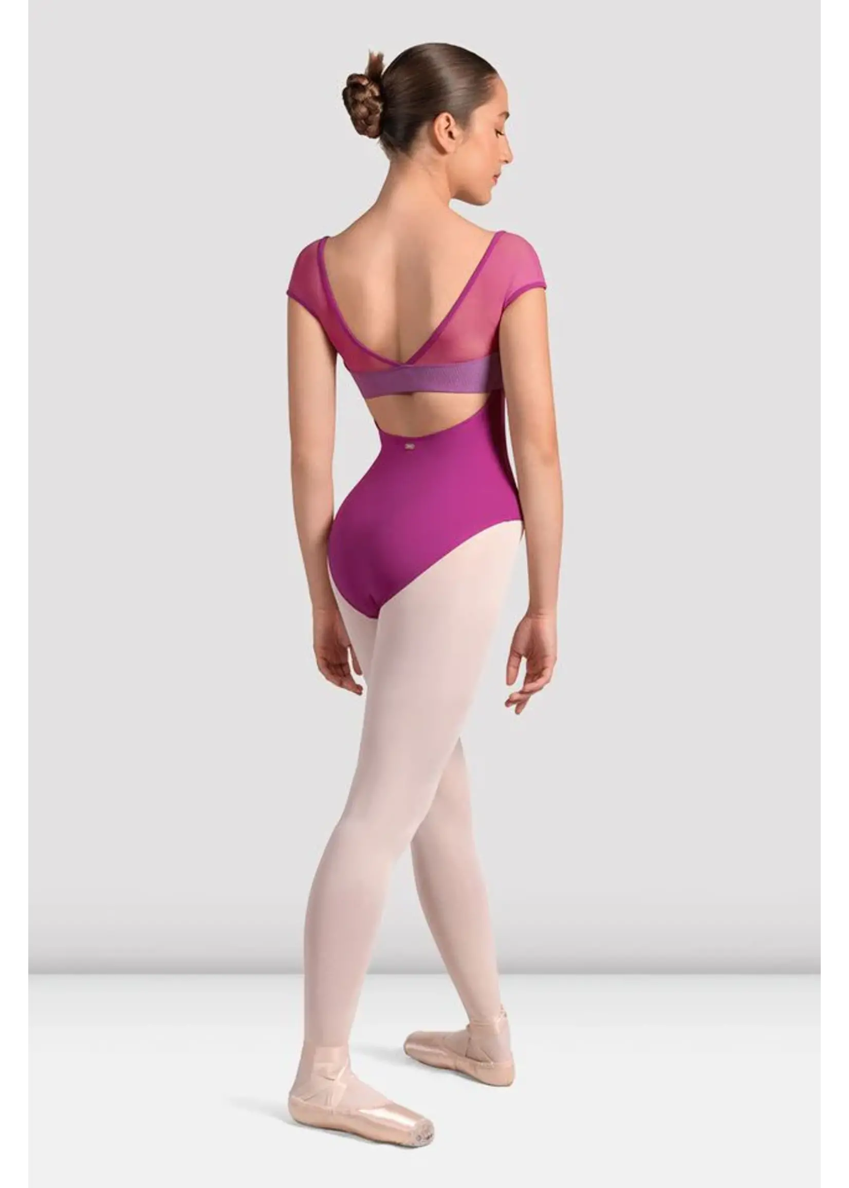 BLOCH & MIRELLA M20001LM CAP SLEEVE MESH PANEL LEOTARD WITH CURVED BUST AND OPEN BACK