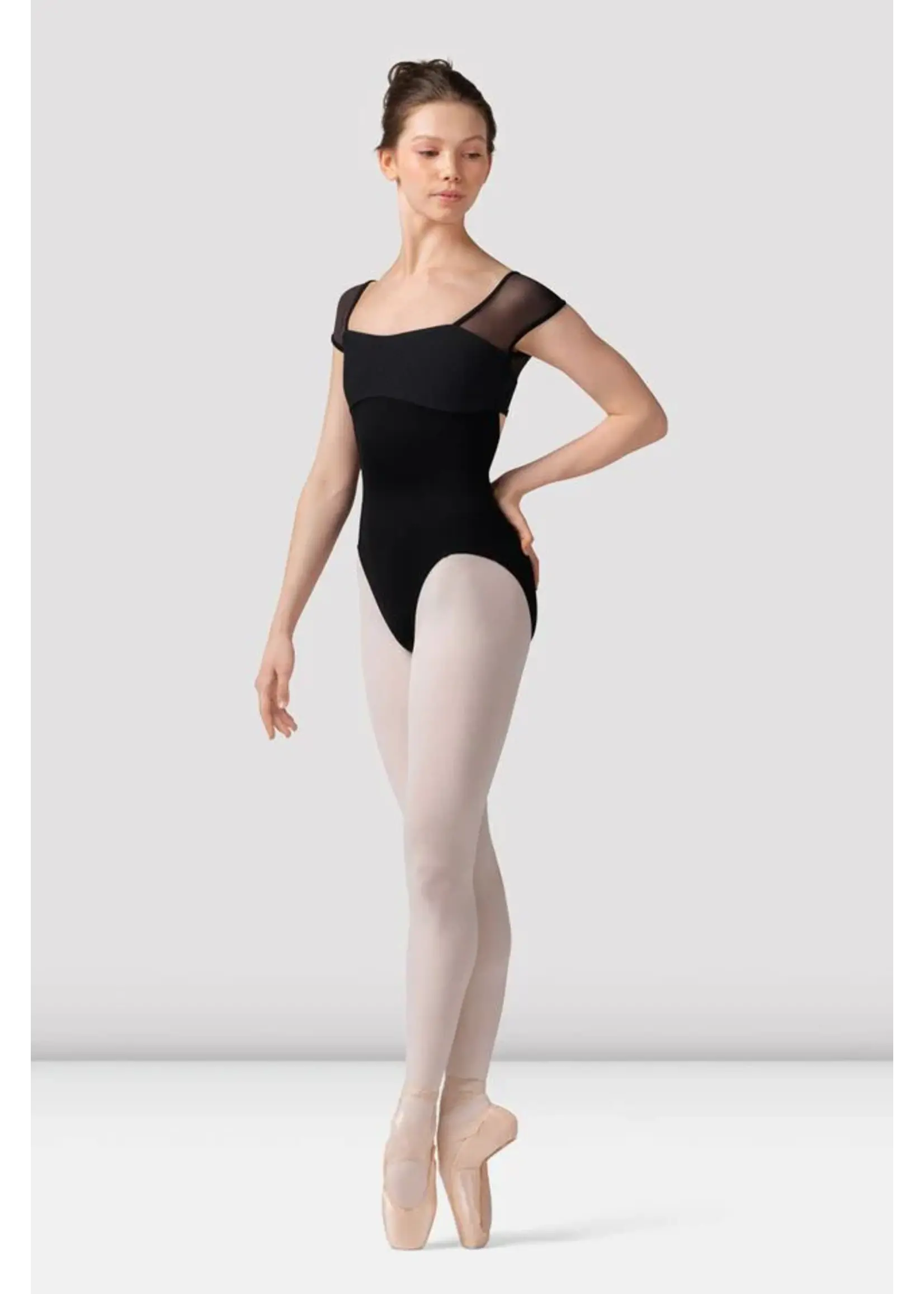 BLOCH & MIRELLA M20001LM CAP SLEEVE MESH PANEL LEOTARD WITH CURVED BUST AND OPEN BACK