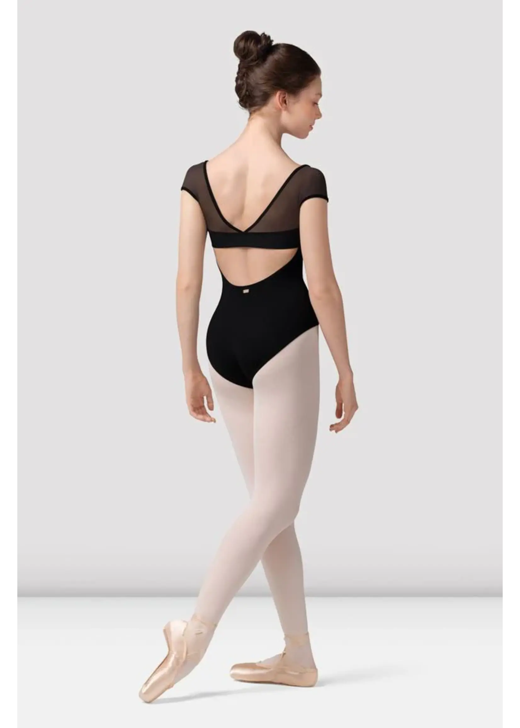 BLOCH & MIRELLA M20001LM CAP SLEEVE MESH PANEL LEOTARD WITH CURVED BUST AND OPEN BACK