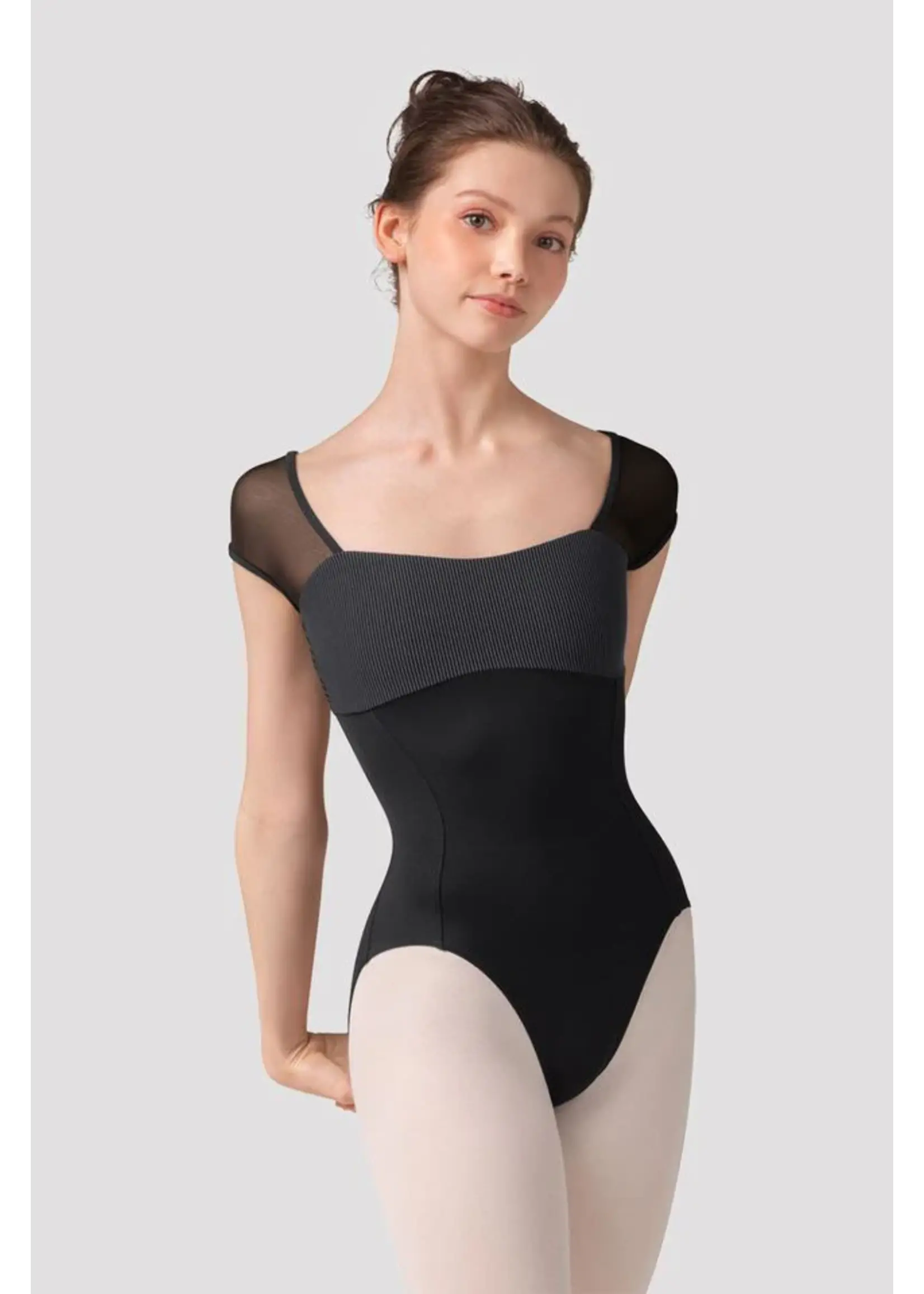 BLOCH & MIRELLA M20001LM CAP SLEEVE MESH PANEL LEOTARD WITH CURVED BUST AND OPEN BACK