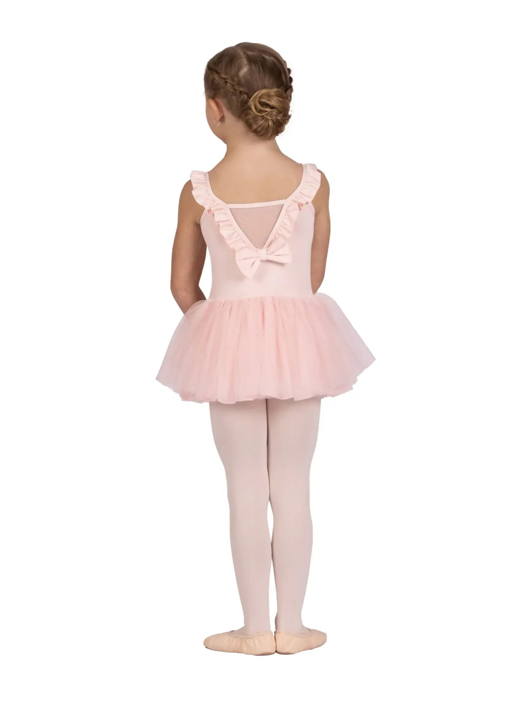 DANSHUZ 25206C BABETTE RUFFLE TRIMMED MESH BOW BACK LEOTARD DRESS