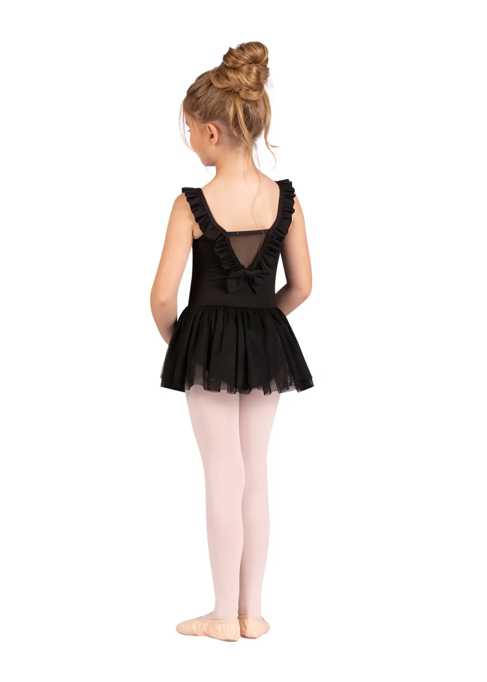 DANSHUZ 25206C BABETTE RUFFLE TRIMMED MESH BOW BACK LEOTARD DRESS