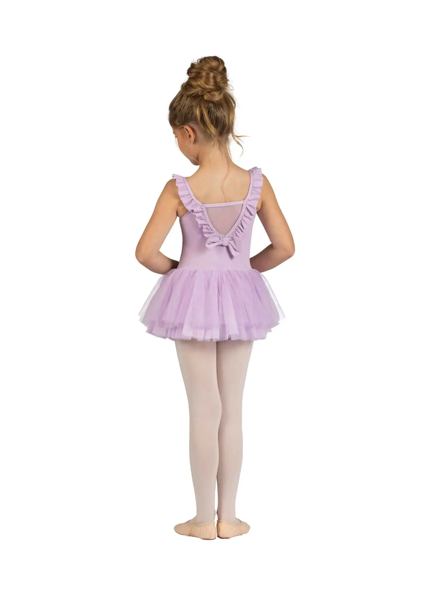 DANSHUZ 25206C BABETTE RUFFLE TRIMMED MESH BOW BACK LEOTARD DRESS