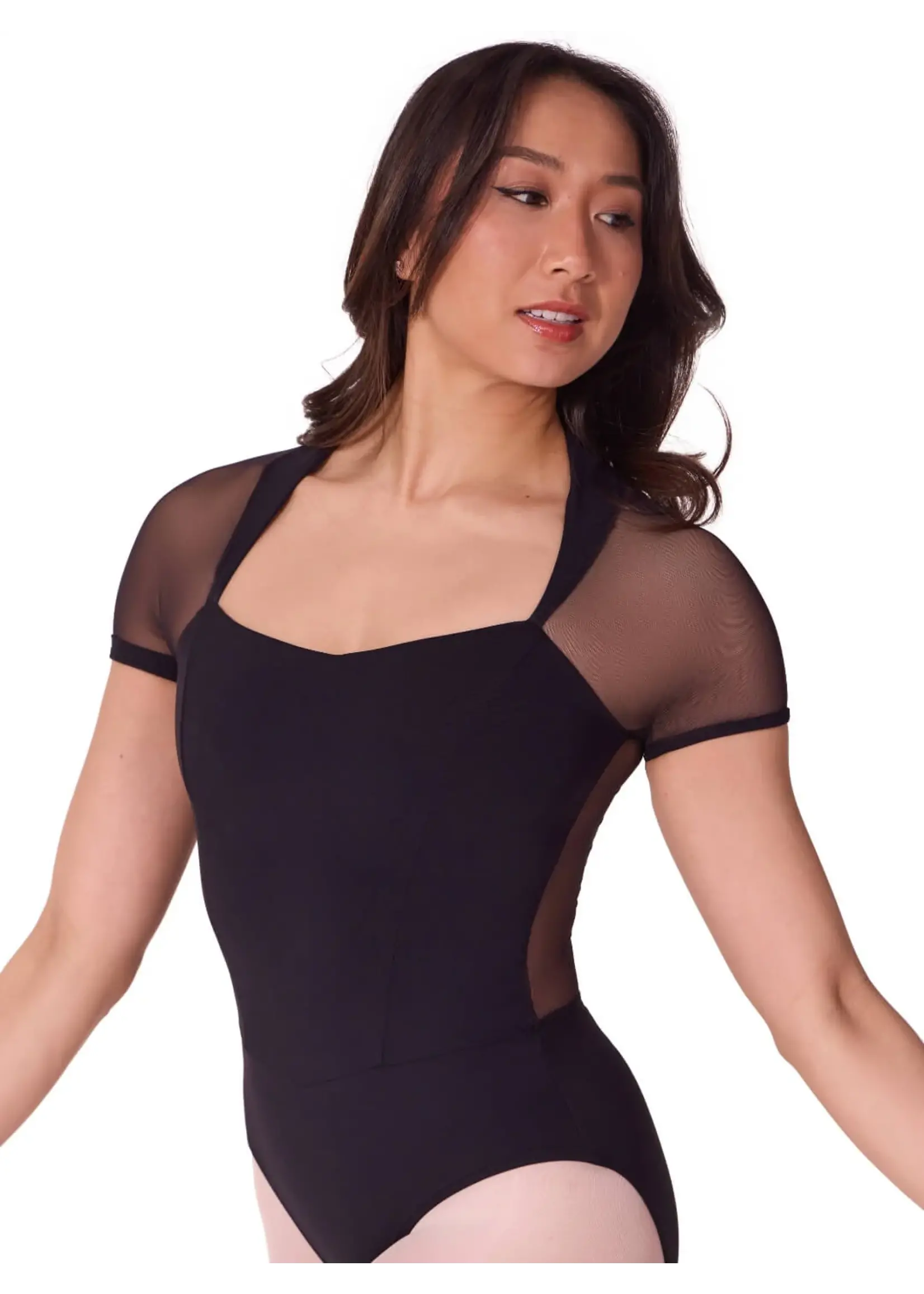 CAPEZIO & BUNHEADS AEL108W SOFT ELEGANCE COLLARED MESH SWEETHEART PRINCESS SEAM PUFF SHORT SLEEVE LEOTARD