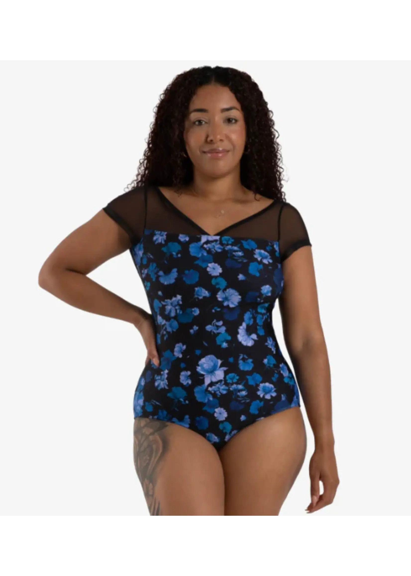 CAPEZIO & BUNHEADS A12270W COASTAL BLOOM CORAL MESH V FRONT YOKE CAP SLEEVE LEOTARD