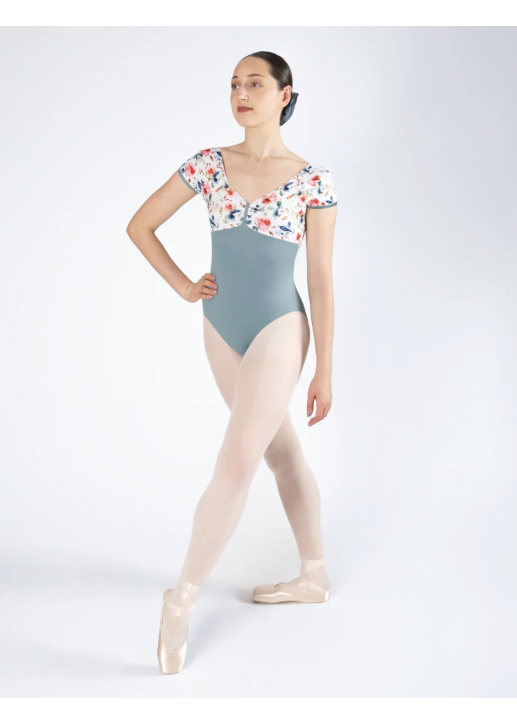 ENERGETIKS IAL167TR1 ALEXANDRA FLORAL BODICE V FRONT & BACK CAP SLEEVE LEOTARD