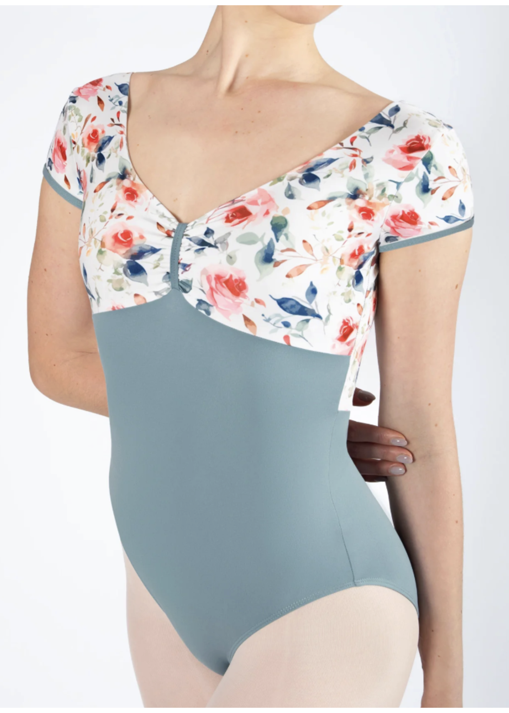 ENERGETIKS IAL167TR1 ALEXANDRA FLORAL BODICE V FRONT & BACK CAP SLEEVE LEOTARD