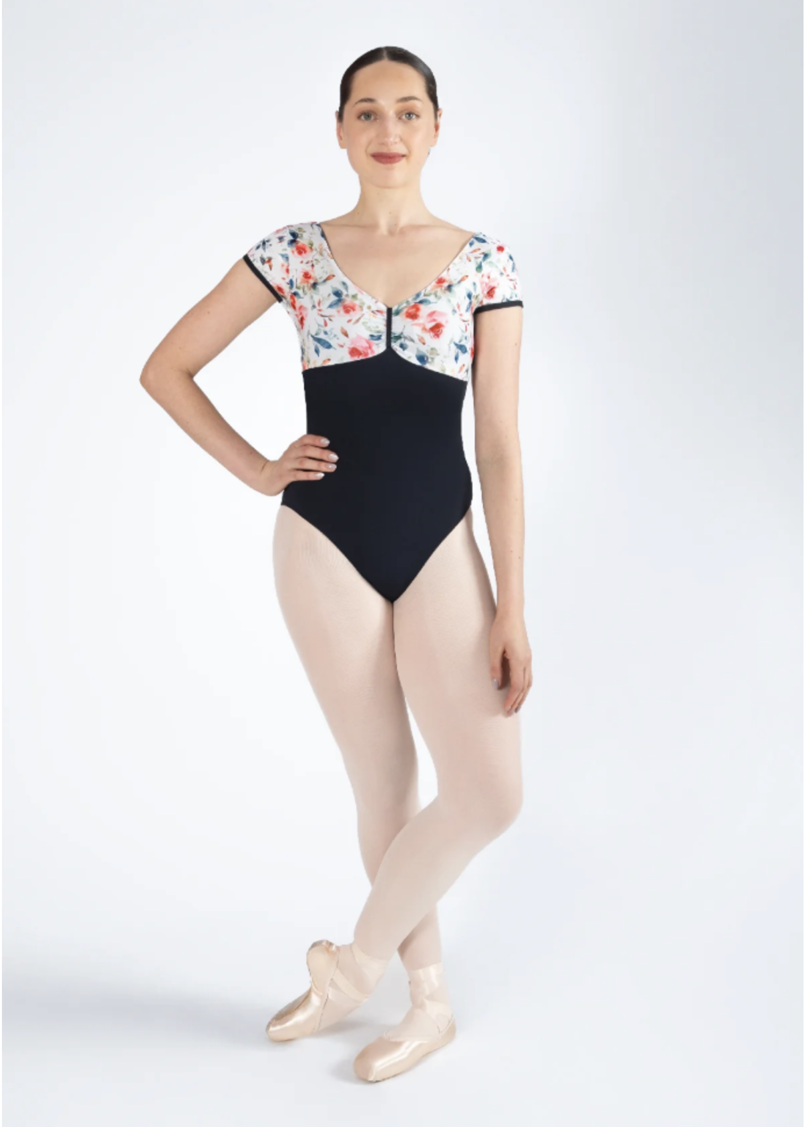 ENERGETIKS IAL167TR1 ALEXANDRA FLORAL BODICE V FRONT & BACK CAP SLEEVE LEOTARD