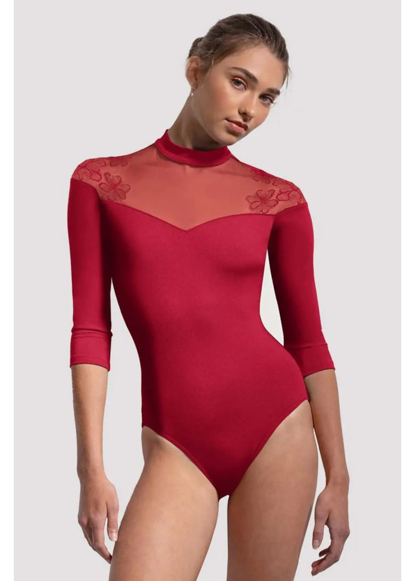 BLOCH & MIRELLA L60001 CALISTA SWEETHEART FRONT EMBROIDERED 3/4 SLEEVE LEOTARD