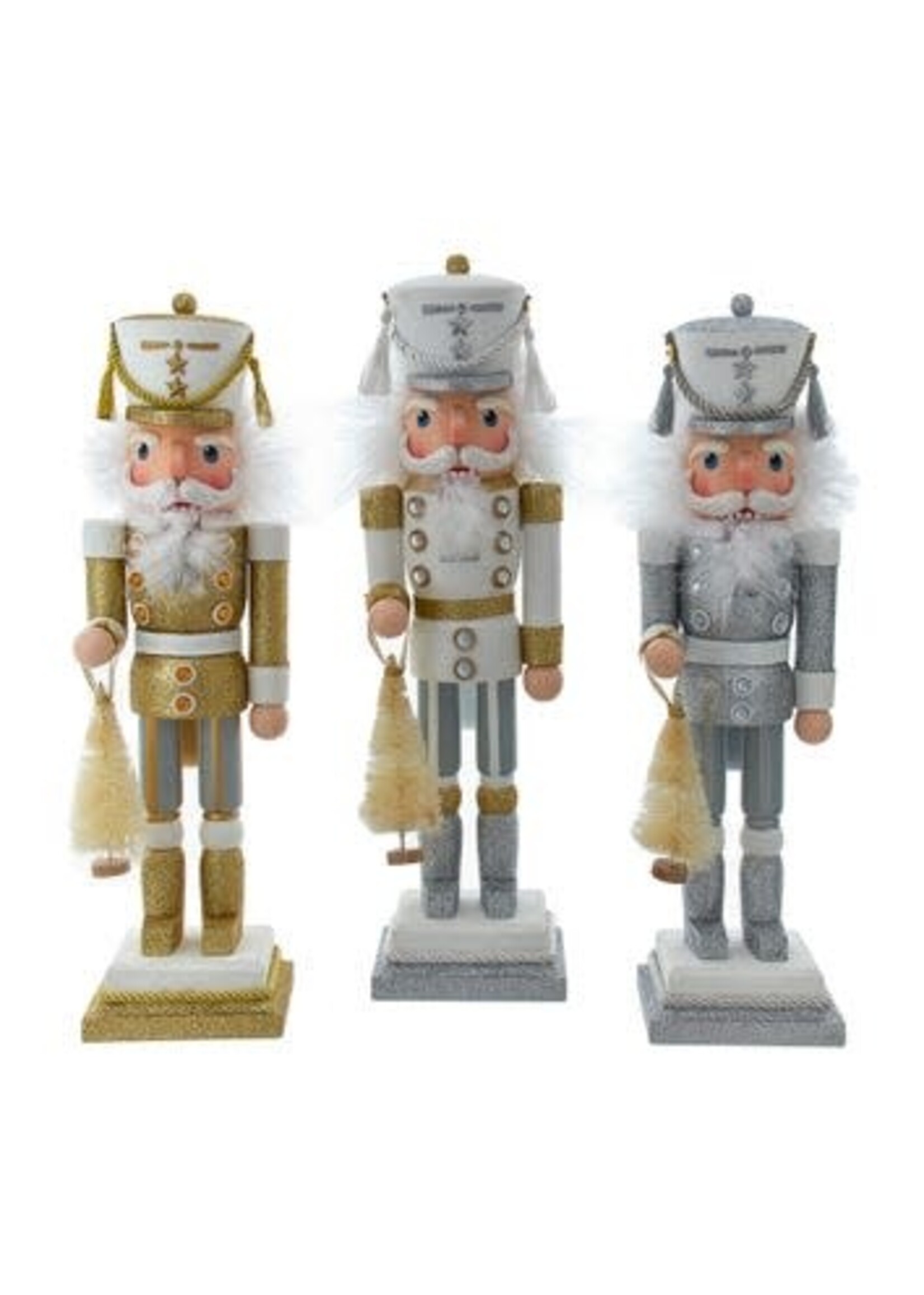 KURT S. ADLER HA0749 HOLLYWOOD GLITTER GOLD, SILVER & WHITE SOLDIERS 15" NUTCRACKER WITH TREES
