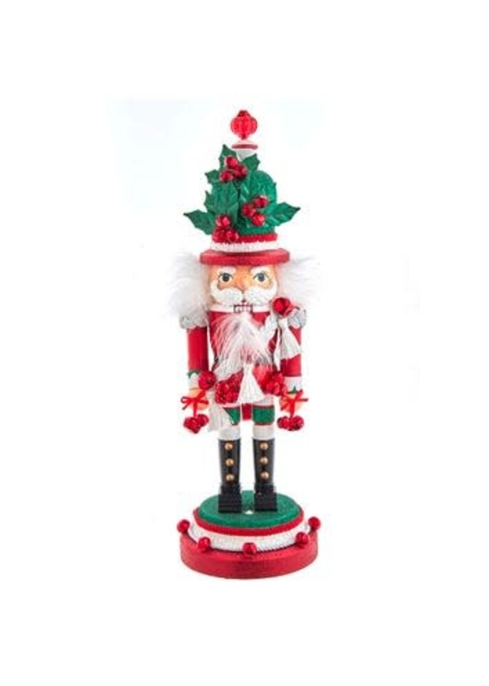KURT S. ADLER HA0632 HOLLYWOOD HOLLY & IVY WIND UP MUSICAL JINGLE BELLS 18" NUTCRACKER WITH BELLS ON