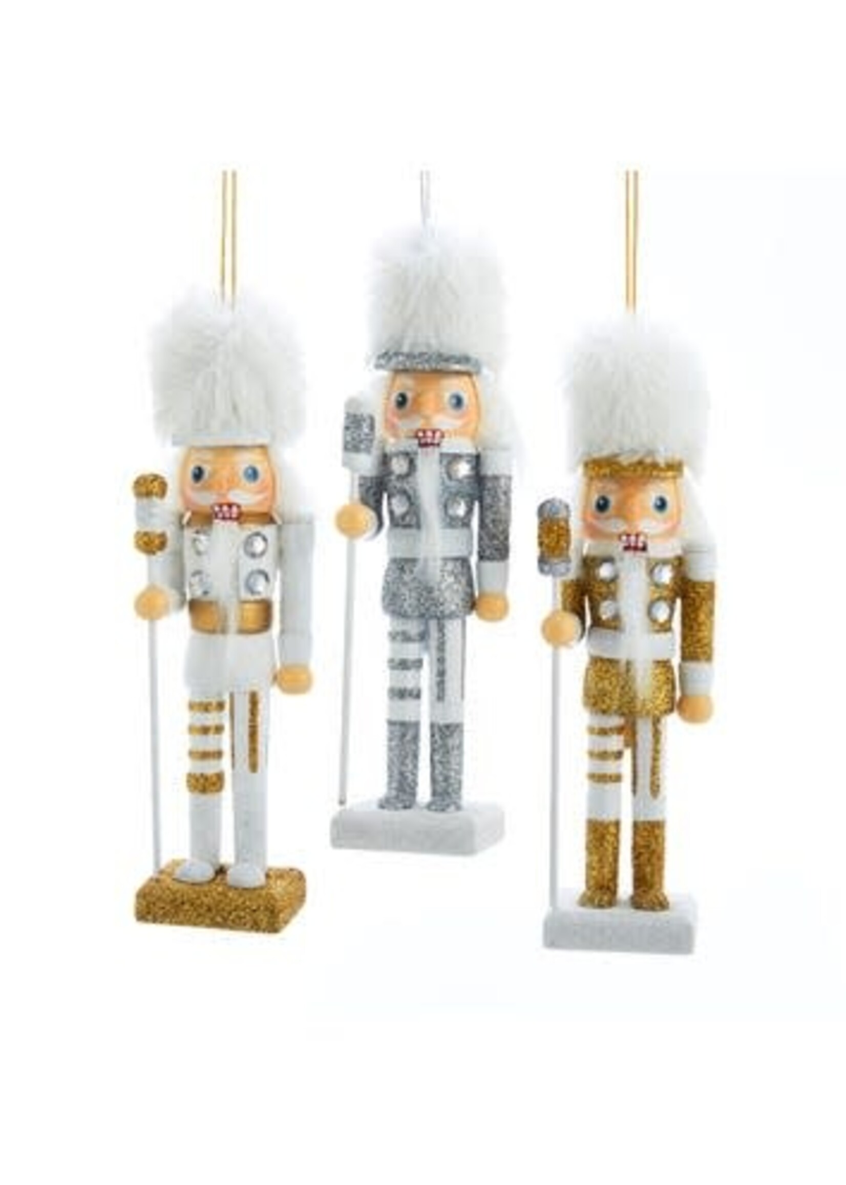 KURT S. ADLER HA0486 GOLD, WHITE & SILVER MISMATCHED SOCKS 6" NUTCRACKER ORNAMENT WITH FEATHERY HATS