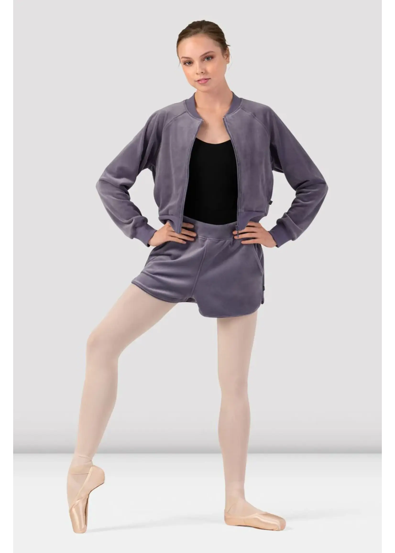 BLOCH & MIRELLA J13001 VELVET LUX CROPPED ZIP RAGLAN BOMBER JACKET