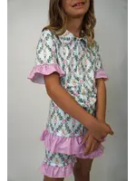 TRENDY TRENDS JERSEY PAJAMA SET WITH RUFFLE TRIM & BUTTON DOWN TOP & SHORTS