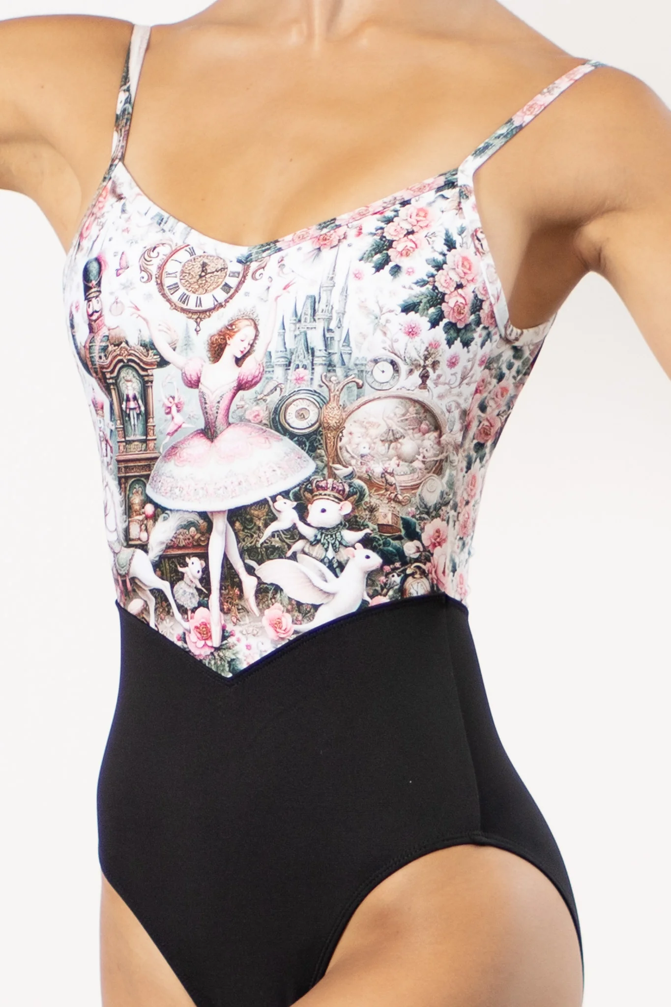 L0028L NUTCRACKER SWEET PATTERNED MESH BODICE CAMISOLE LEOTARD