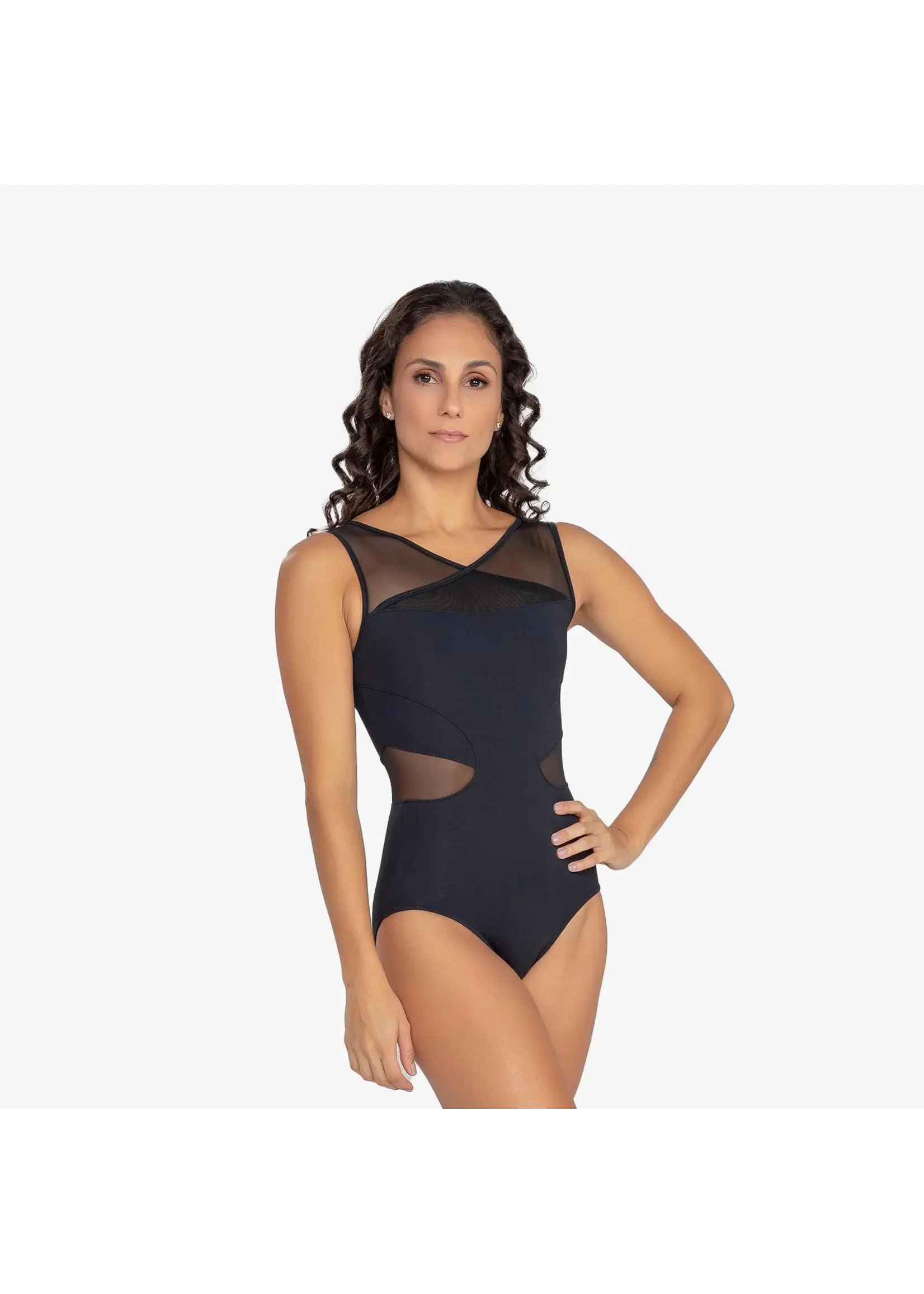 SO DANCA BY01 CROSSOVER MESH SQUARE CUT TANK LEOTARD WITH MESH WAIST INSERTS