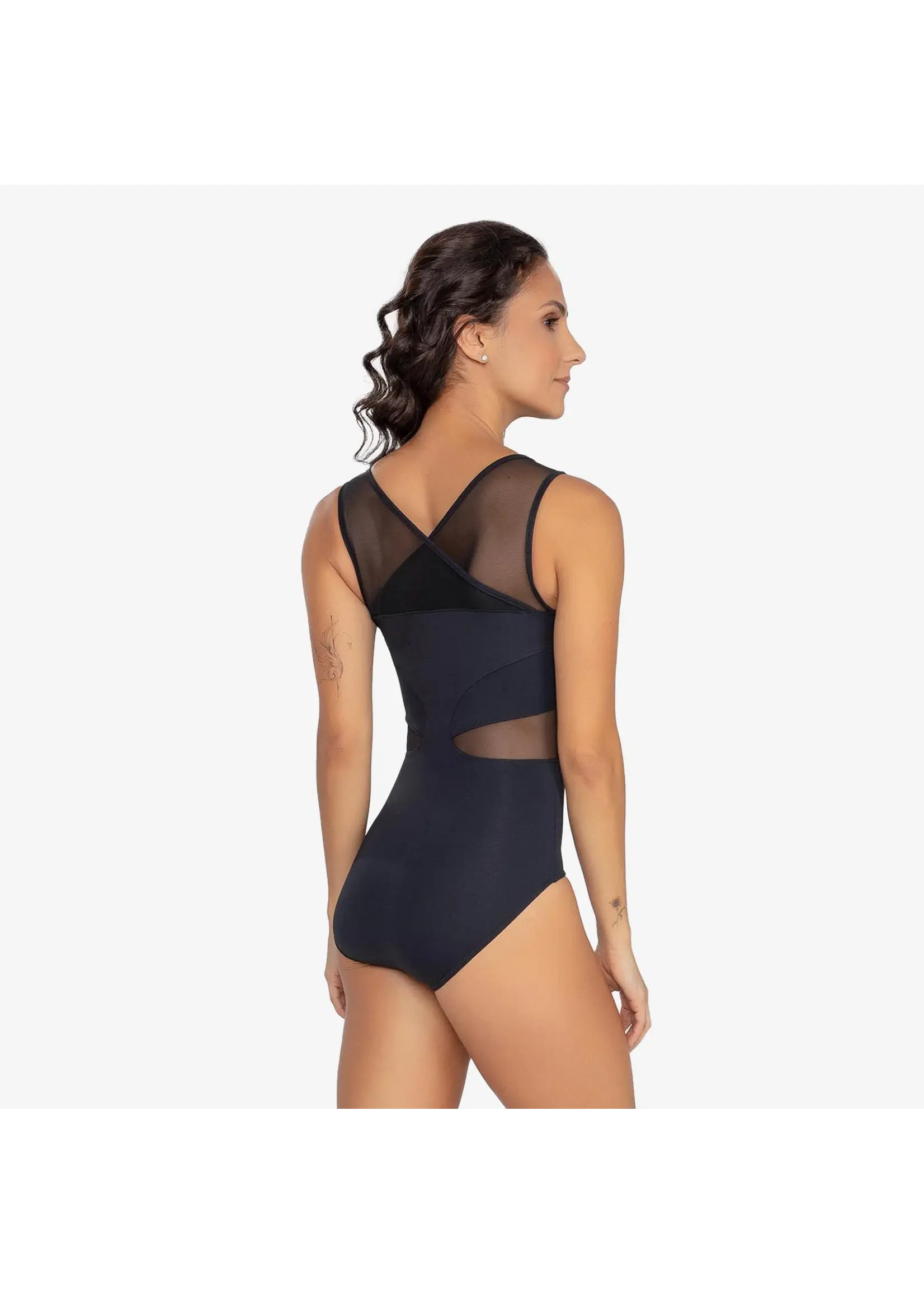 SO DANCA BY01 CROSSOVER MESH SQUARE CUT TANK LEOTARD WITH MESH WAIST INSERTS