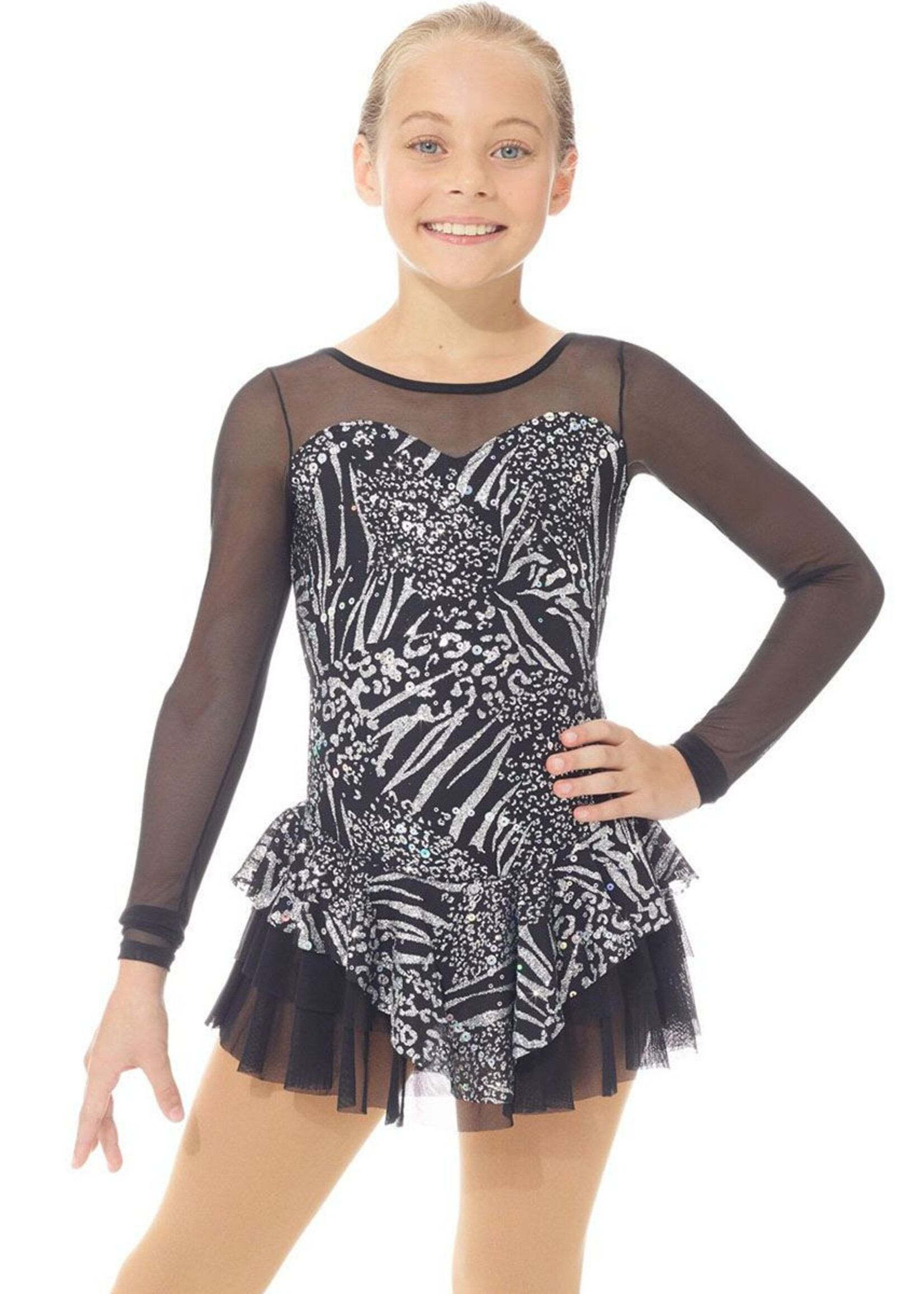 MONDOR 663 ZEBRA SEQUIN  SWEETHEART MESH LONG SLEEVE SKATE DRESS