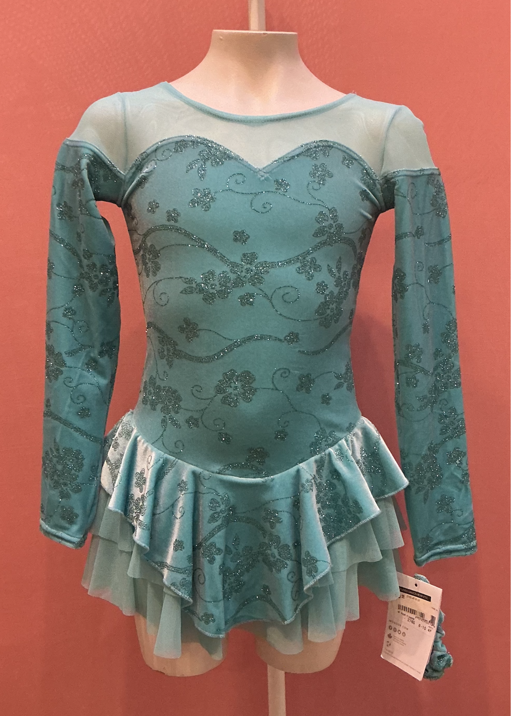 MONDOR VELVET FLOWER VINE SWEETHEART MESH COLLAR LONG SLEEVE SKATE DRESS WITH LAYERED MESH 2765-4F