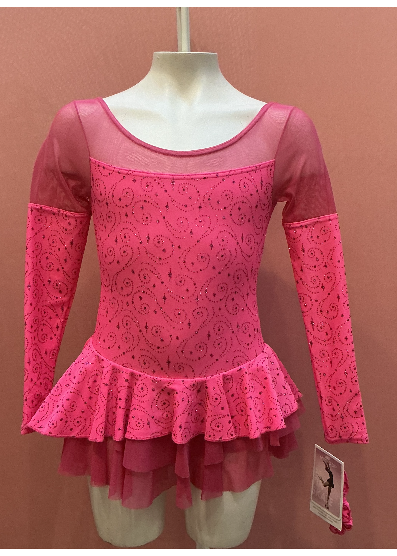 MONDOR GLITTER SWIRL MESH COLLAR LONG SLEEVE SKATE DRESS  WITH LAYERED MESH SKIRT 2758-CJ