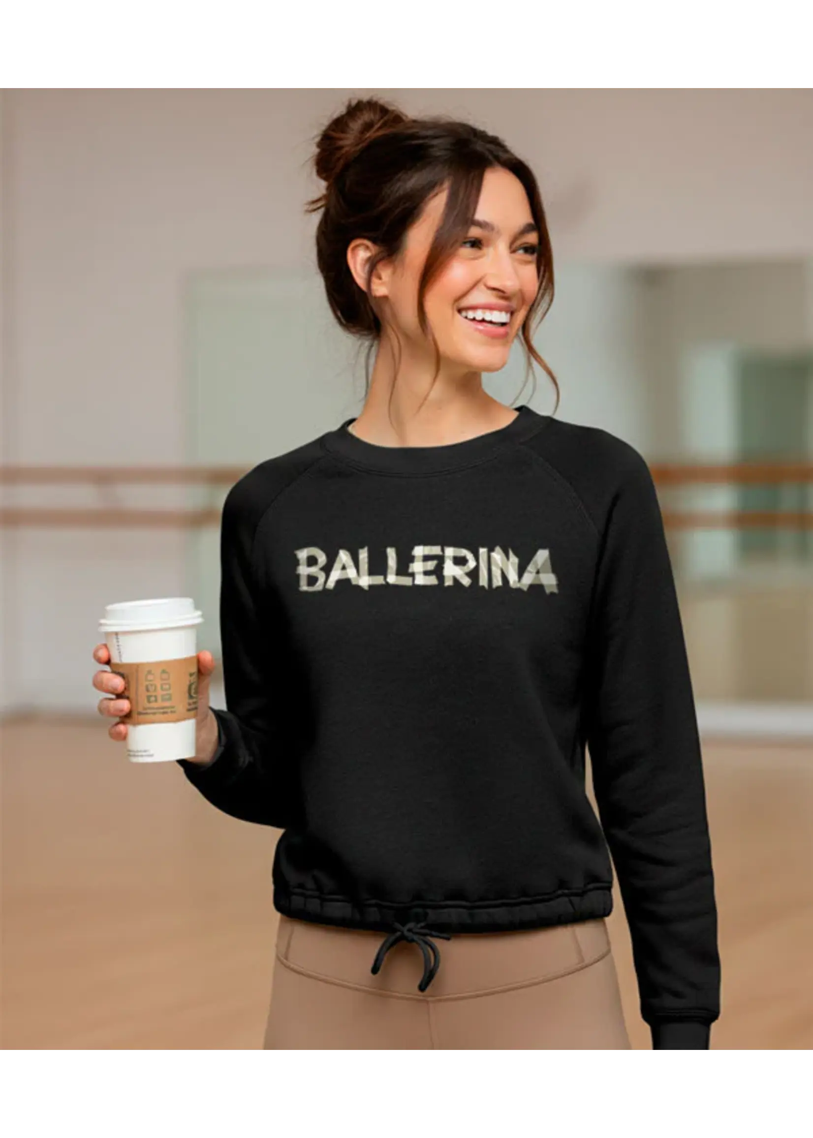 COVET DANCE TOE TAPE BALLERINA L/S CROPPED PULLOVER CINCHED SWEATSHIRT