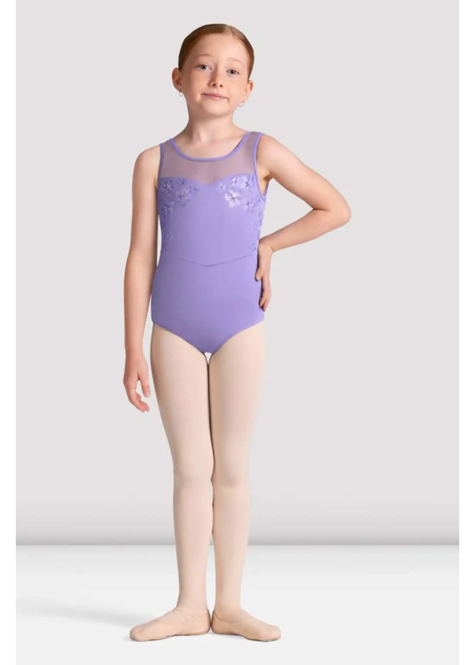BLOCH & MIRELLA CL50011 LINDA TANK LEOTARD CROSS BACK MESH AND METALLIC FLORAL DETAIL