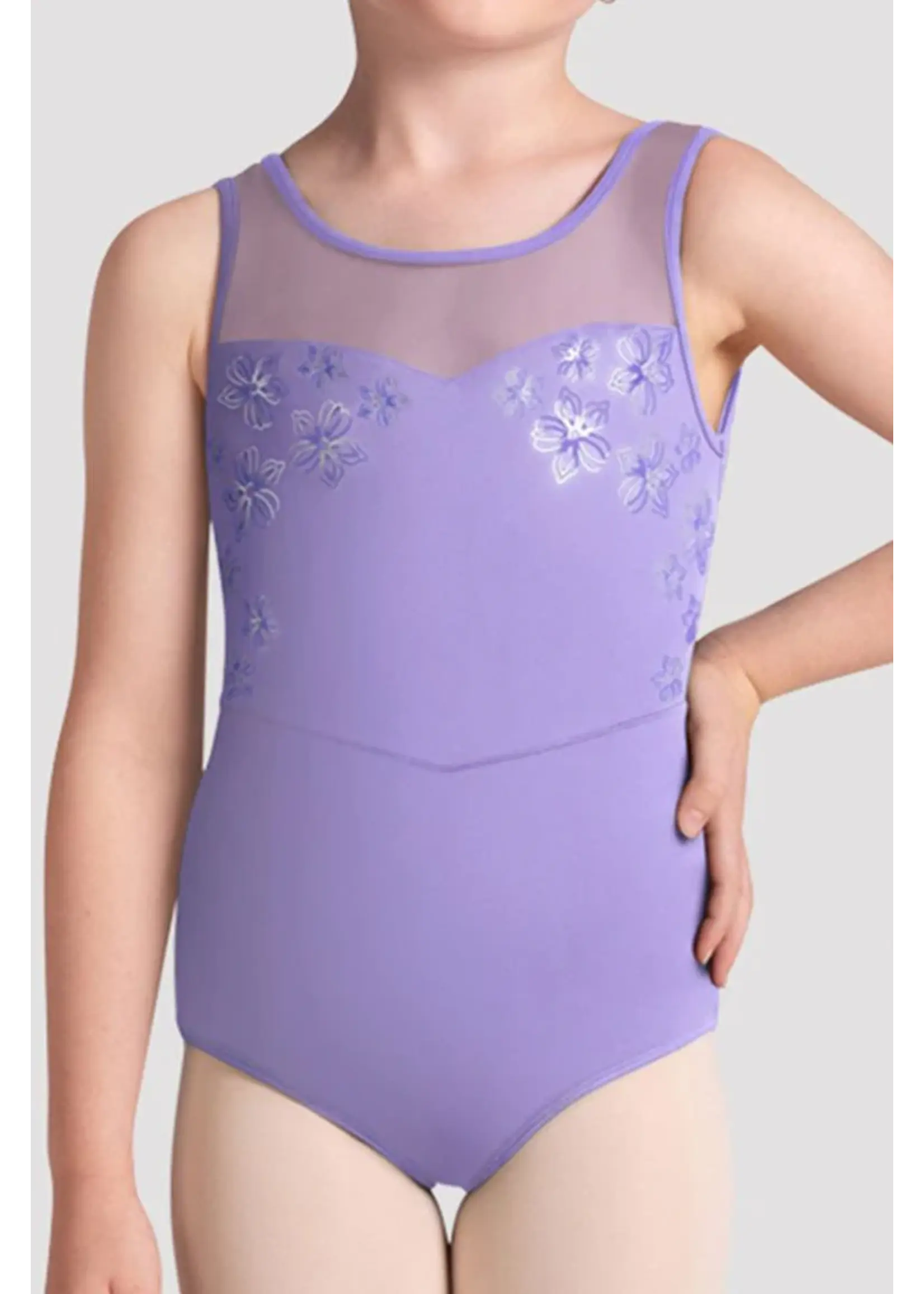 BLOCH & MIRELLA CL50011 LINDA TANK LEOTARD CROSS BACK MESH AND METALLIC FLORAL DETAIL